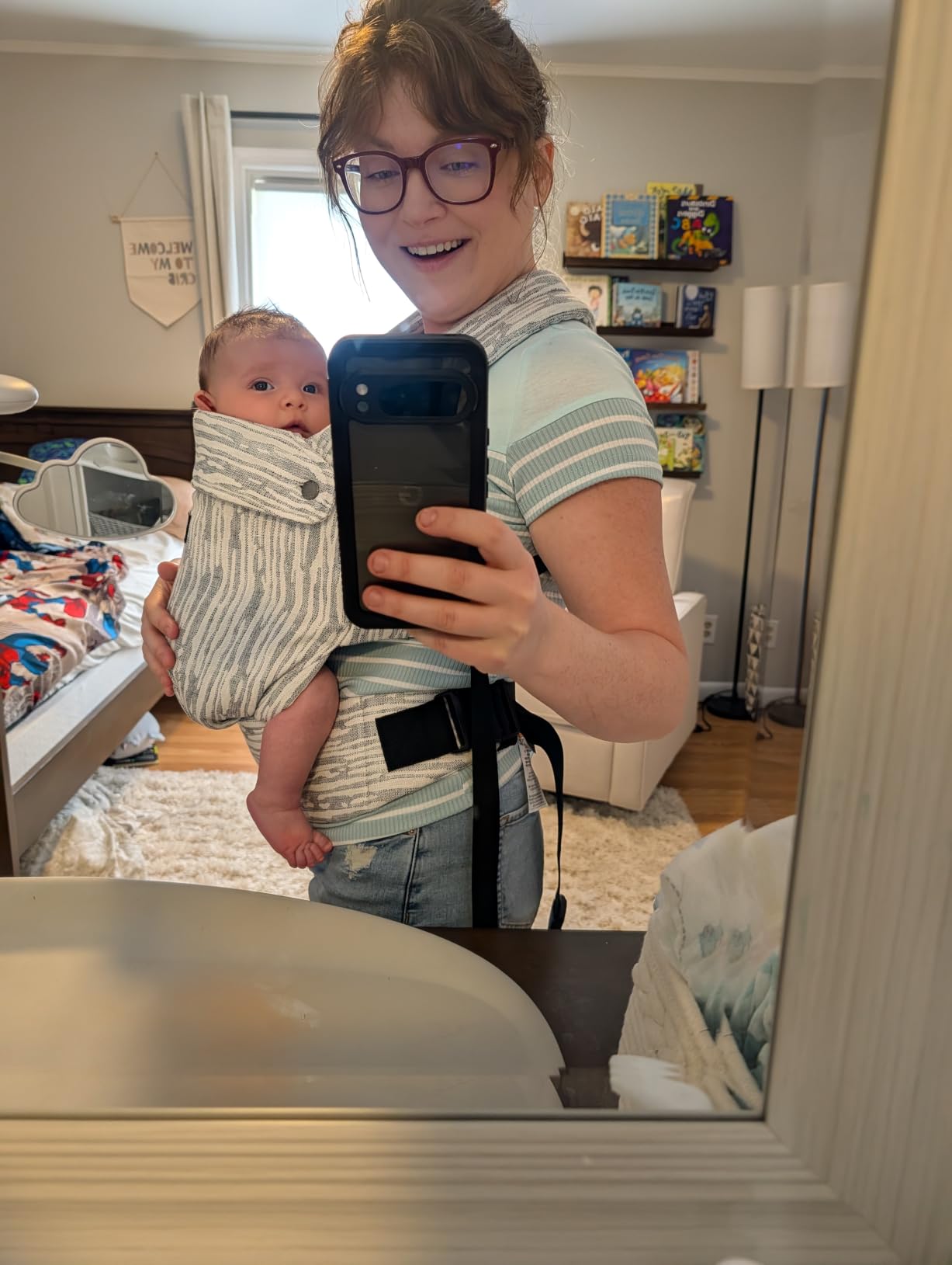 Momcozy PureHug Baby Carrier - Ergonomic, Cozy and Lightweight for 7-45 lbs | Easy to Put On, IHDI Hip-Healthy, 3D EVA Lumbar Support, X-Straps for Even Weight Distribution, 100% Cotton, Leopard customer photo 1