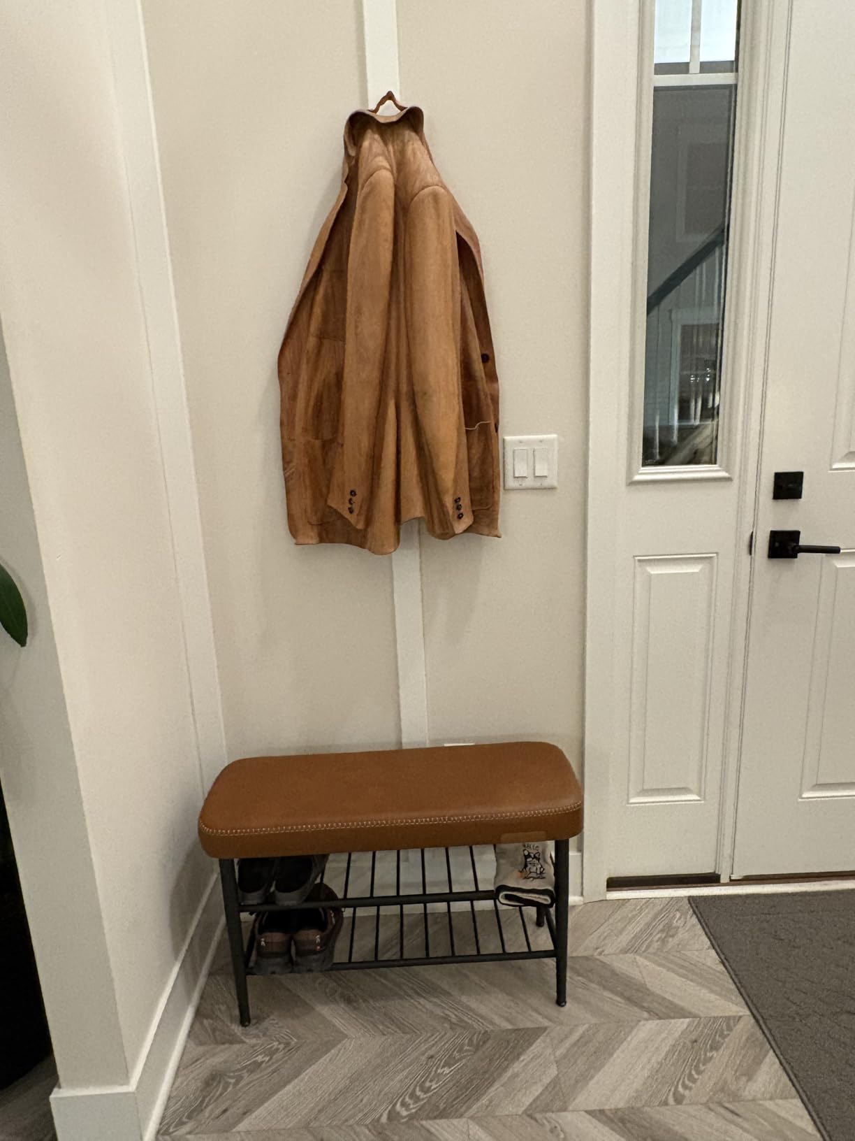VASAGLE EKHO Collection - Shoe Rack Bench, Storage Bench for Entryway, Synthetic Leather with Stitching, Mid-Century Modern, Loads 300 lb, 11.8 x 31.5 x 19.7 Inches, Caramel Brown ULSB054K01 customer photo 1