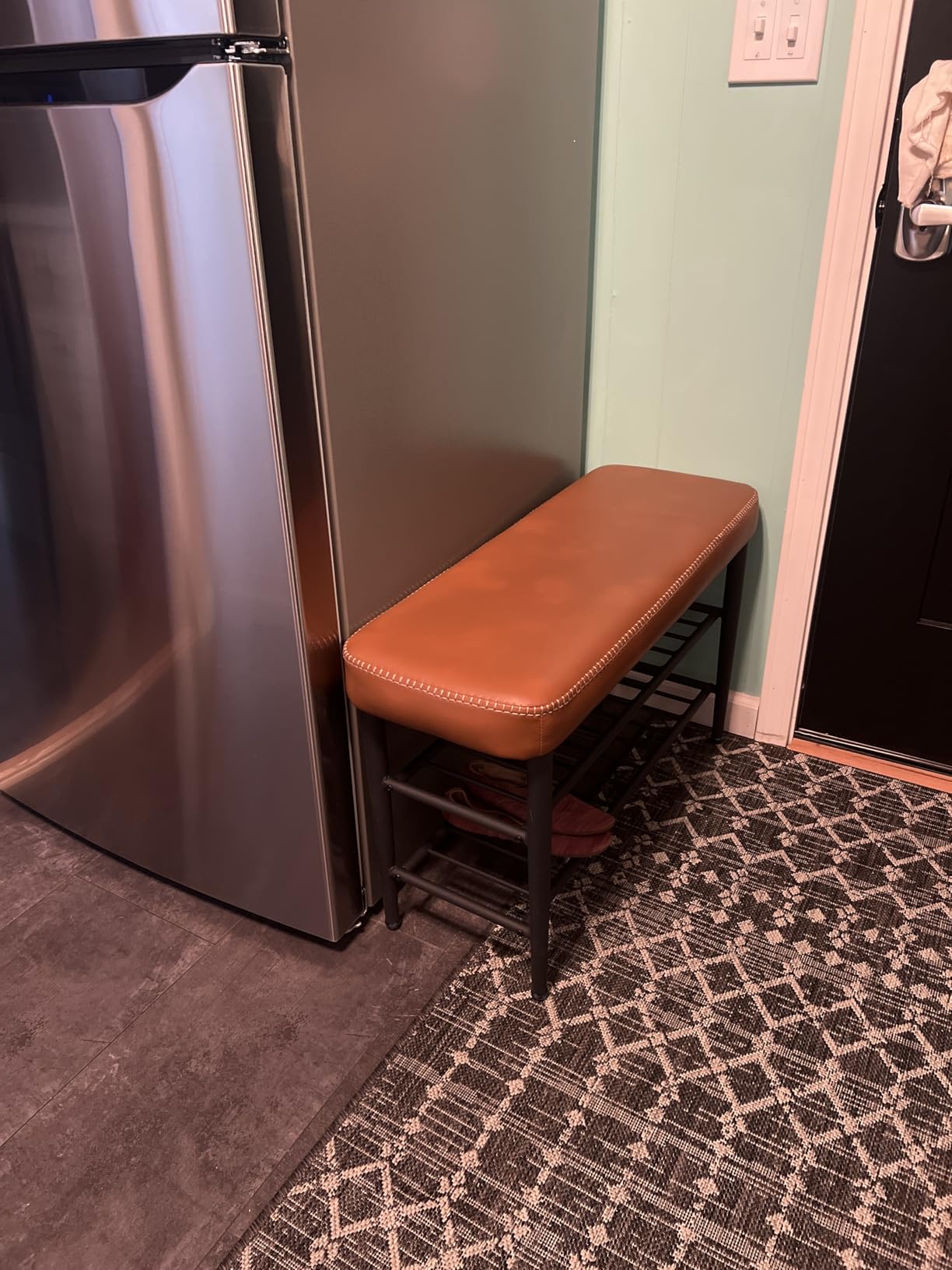 VASAGLE EKHO Collection - Shoe Rack Bench, Storage Bench for Entryway, Synthetic Leather with Stitching, Mid-Century Modern, Loads 300 lb, 11.8 x 31.5 x 19.7 Inches, Caramel Brown ULSB054K01 customer photo 2