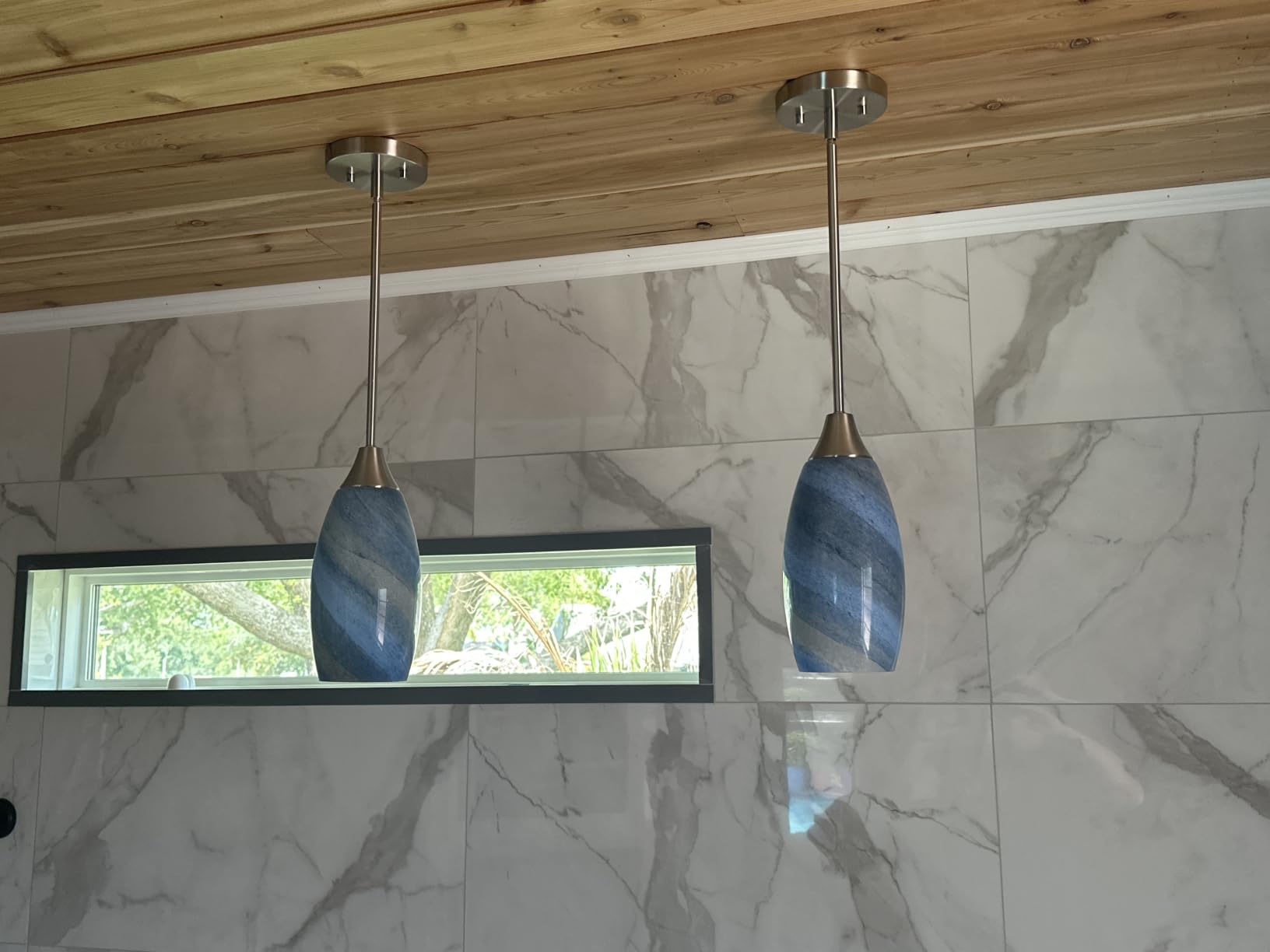 EDISHINE Pendant Light Fixture, Handcrafted Art Glass Hanging Light, Hardwired Ceiling Light, Grey Marble Glass Shade, Adjustable Brushed Nickel Rods, E26 Base, Pendant Lamp for Kitchen Island, Bar customer photo 1