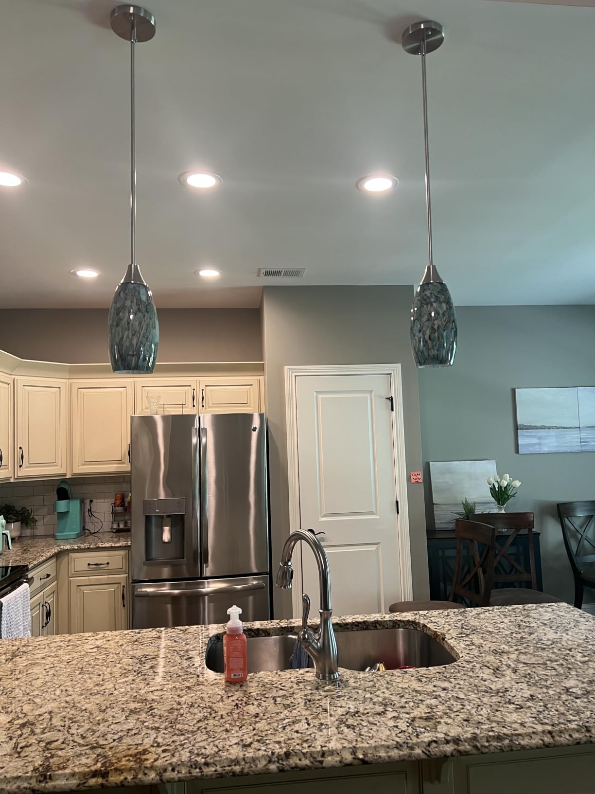 EDISHINE Pendant Light Fixture, Handcrafted Art Glass Hanging Light, Hardwired Ceiling Light, Grey Marble Glass Shade, Adjustable Brushed Nickel Rods, E26 Base, Pendant Lamp for Kitchen Island, Bar customer photo 2