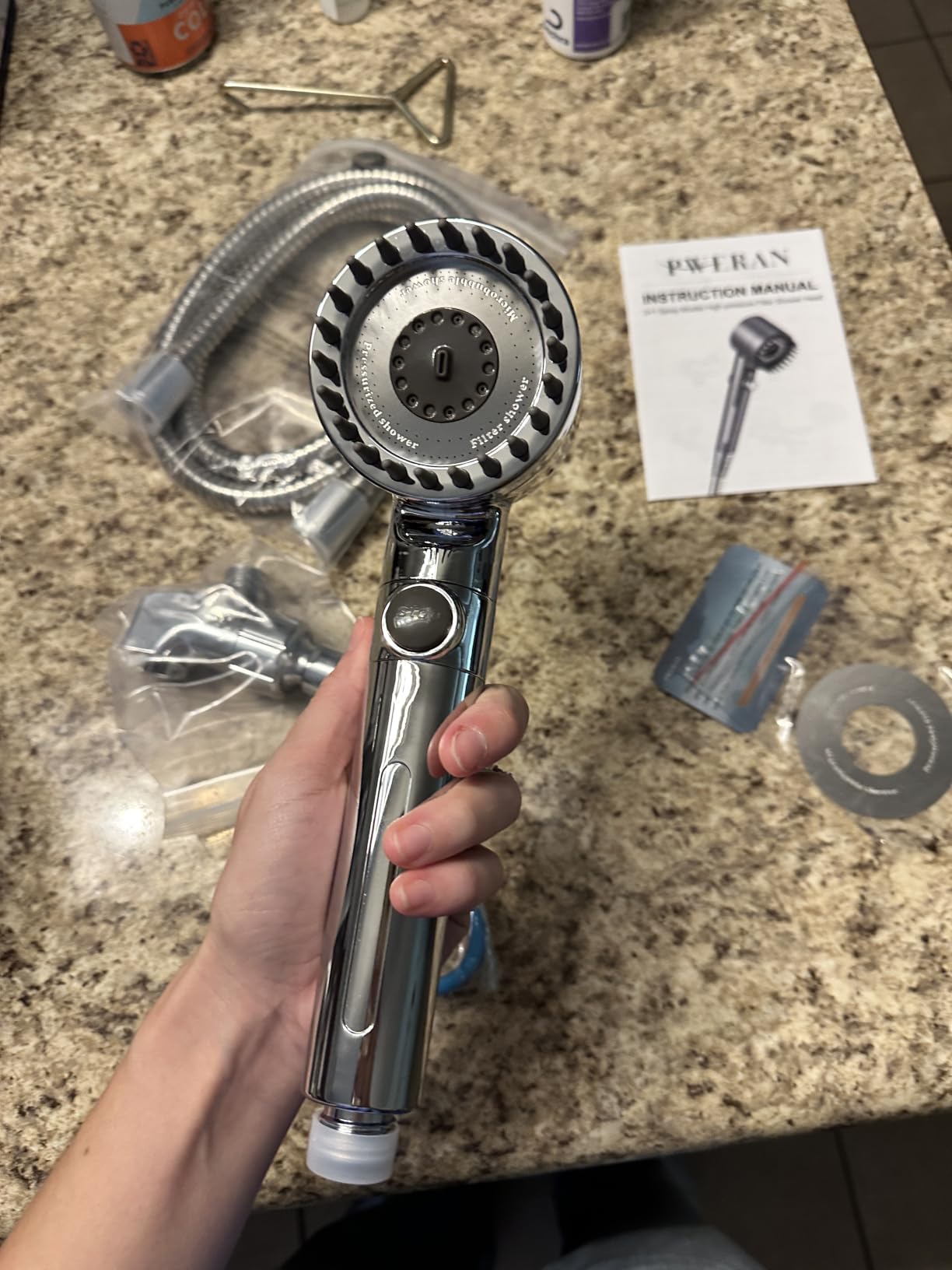 PWERAN Filtered Shower Head with Handheld, High Pressure Shower Heads Filter | ON/OFF Switch, 4 Spray, Built-in Power Wash, Detachable Showerhead, Silicone Massage Brush, Remove Chlorine, Reduces Dry Itchy Skin customer photo 2