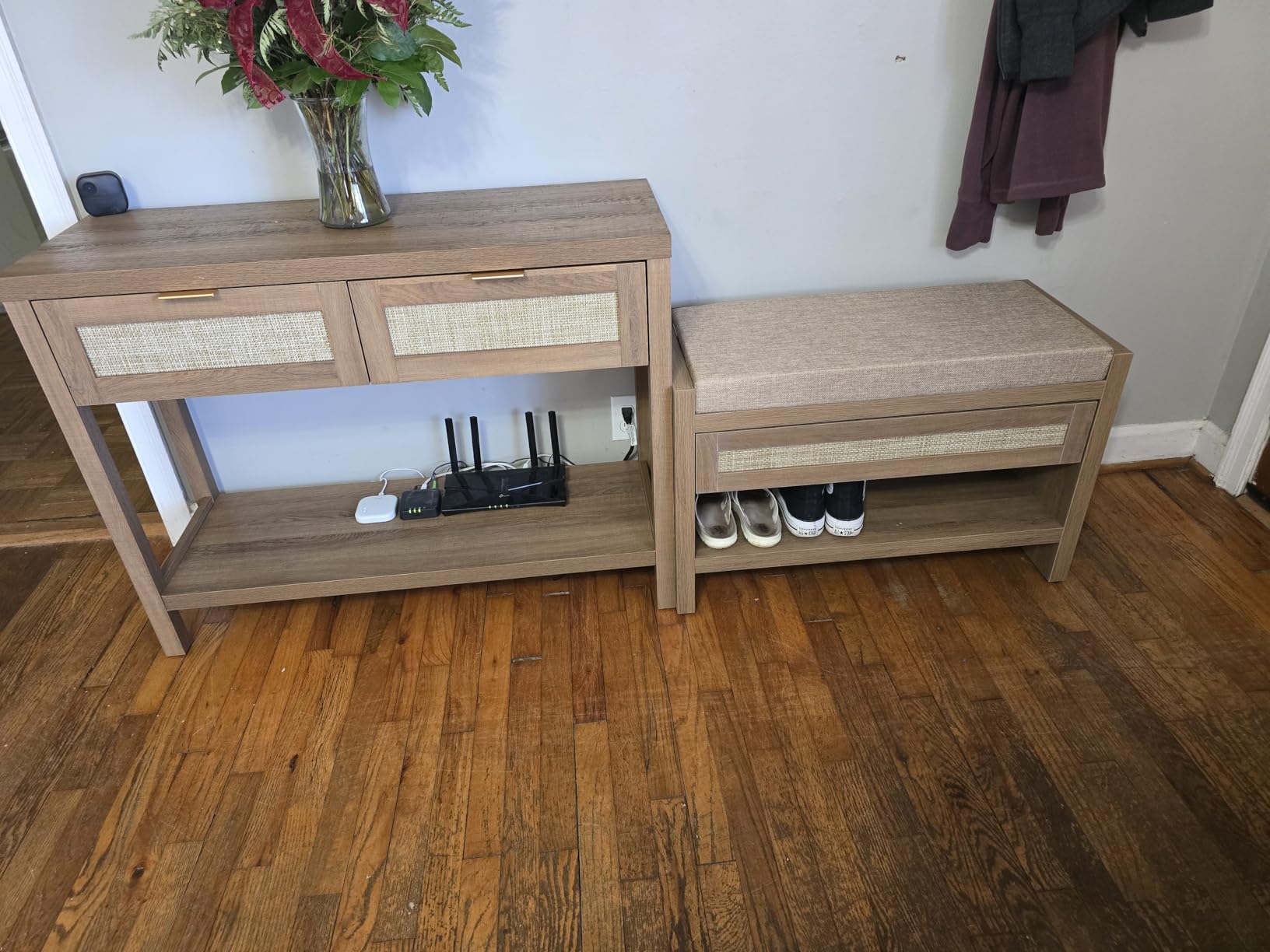 SICOTAS Rattan Shoe Bench Entryway Bench with Storage Drawer, Linen Cushion | Farmhouse Boho Shoe Rack with Shelf, Wooden Storage Bench for Entryway Hallway and Bedroom, Caramel Oak customer photo 1