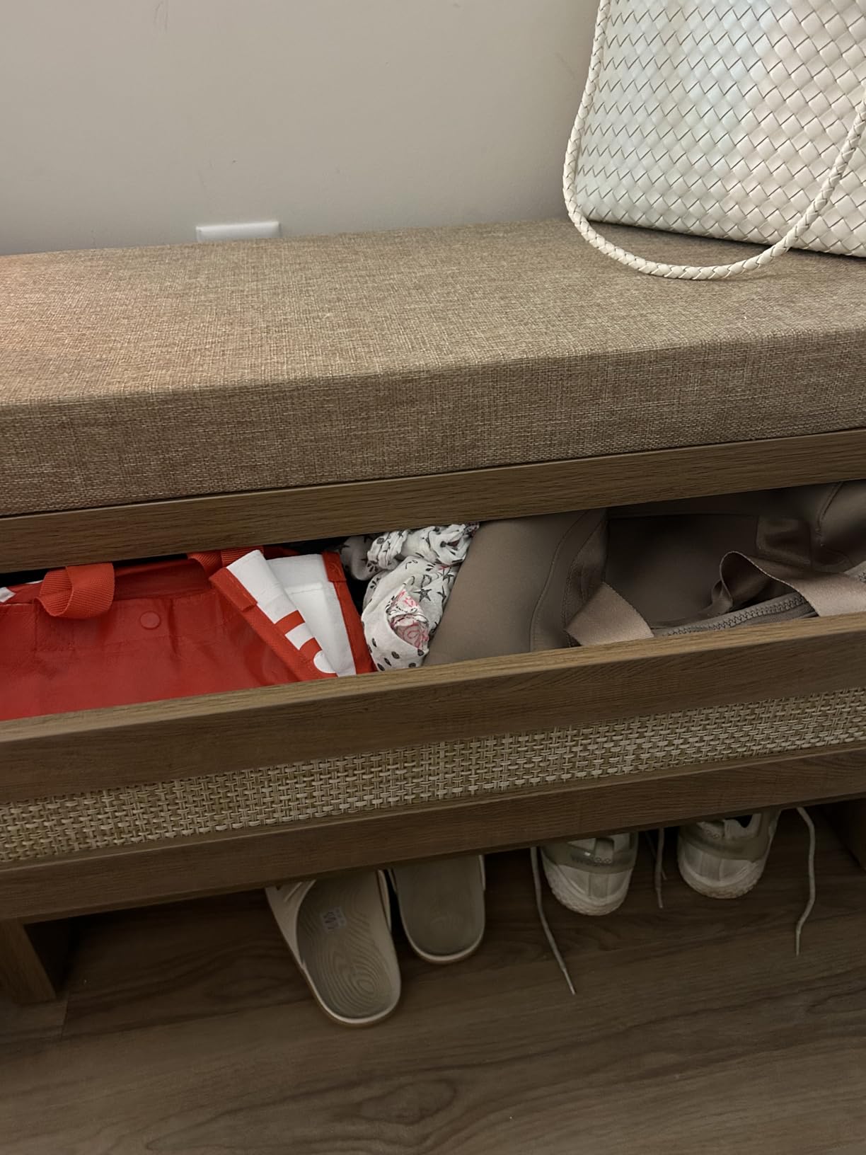 SICOTAS Rattan Shoe Bench Entryway Bench with Storage Drawer, Linen Cushion | Farmhouse Boho Shoe Rack with Shelf, Wooden Storage Bench for Entryway Hallway and Bedroom, Caramel Oak customer photo 2
