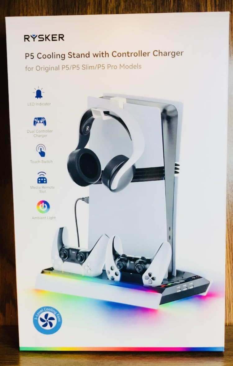 Rysker PS5/Slim/Pro Stand, PS5 Cooling Station Built-in 3-Level Cooling Fan & Fast Charger for Disc & Digital, PS 5 Accessories with Safety Screw and Headset Holder for PlayStation 5 Case customer photo 2