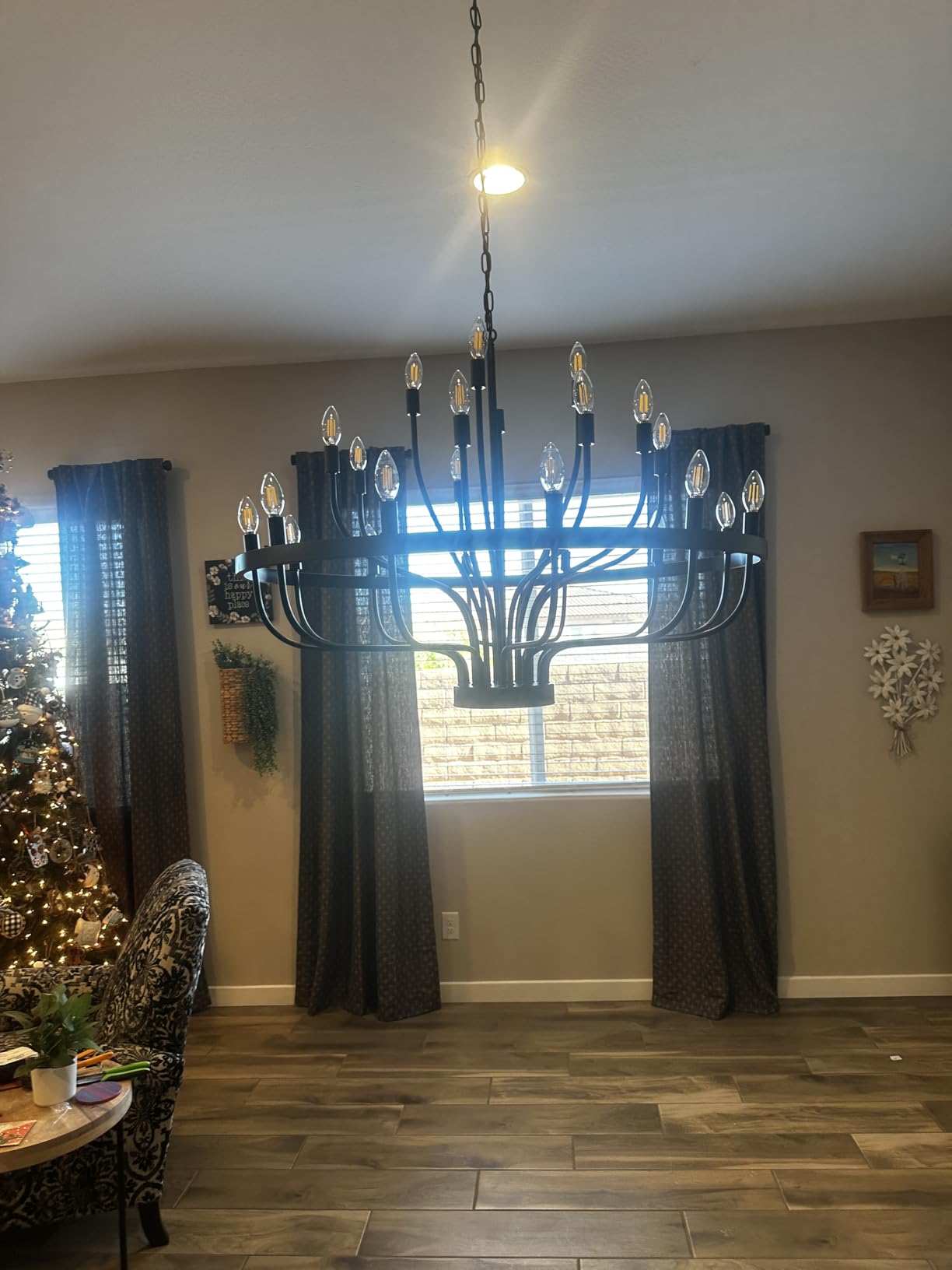 Large Gold Chandelier 24-Light 39in Wagon Wheel Light for High Ceilings | 3-Tier Foyer Chandelier for Entryway, Dining Room Light Fixture, Living Room Farmhouse Ceiling Light customer photo 2