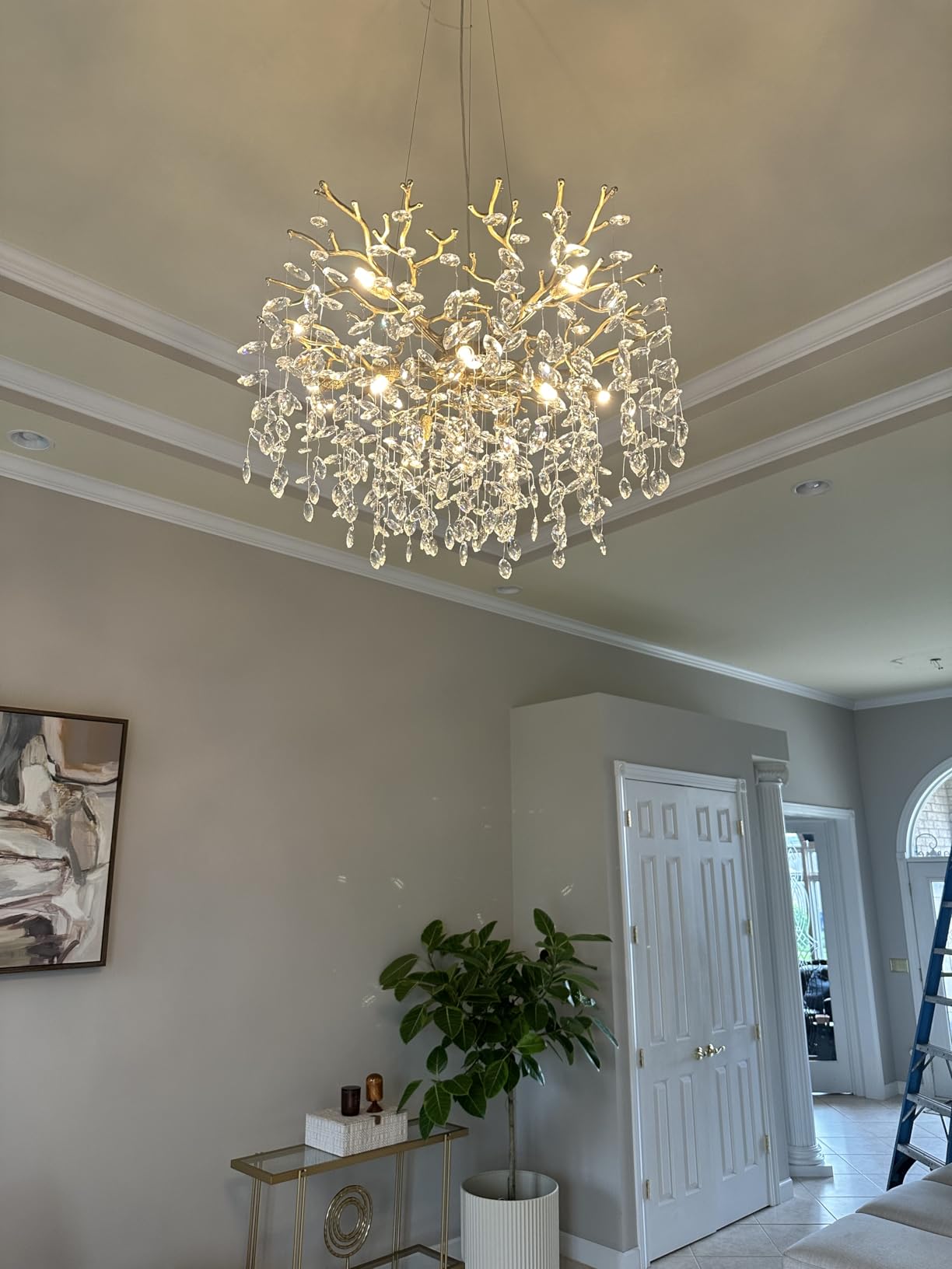 118'' Long Crystal Chandelier for High Ceiling, 28-Light Modern Gold Tree Branch Chandelier, Large Chandeliers for High Ceilings Staircase Foyer Entryway, 5-Tier Luxury K9 Crystal Raindrop Fixture customer photo 2