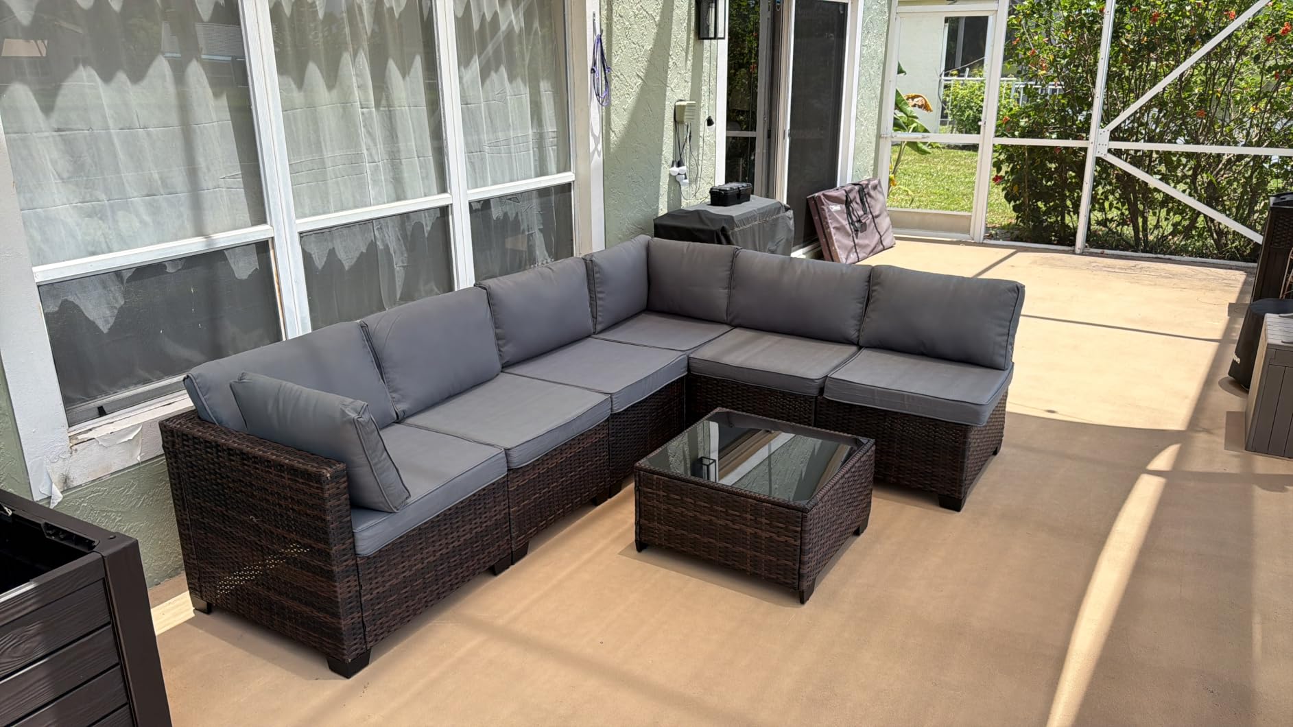 Qsun 7 Pieces Outdoor Patio Furniture Set, PE Rattan Outdoor Wicker Sectional Furniture Sofa Set, with Cushions and Glass Coffee Table, for Balcony, Porch, Garden, Grey customer photo 1