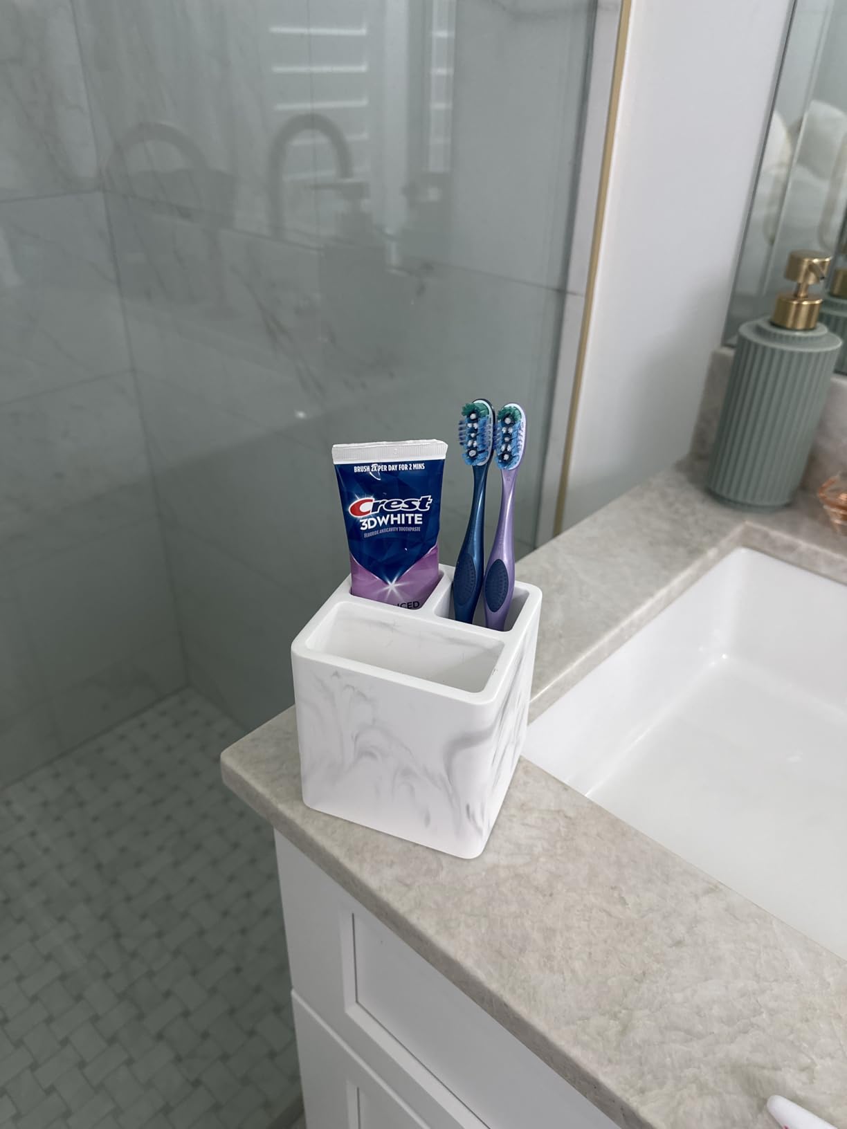 Diatomite Toothbrush Holders Tooth Brush Organizer - Marble White | Water-Absorbent Material, 3 Slots for Electric Toothbrush and Toothpaste, for Bathroom Countertop, Shower, Vanity customer photo 1