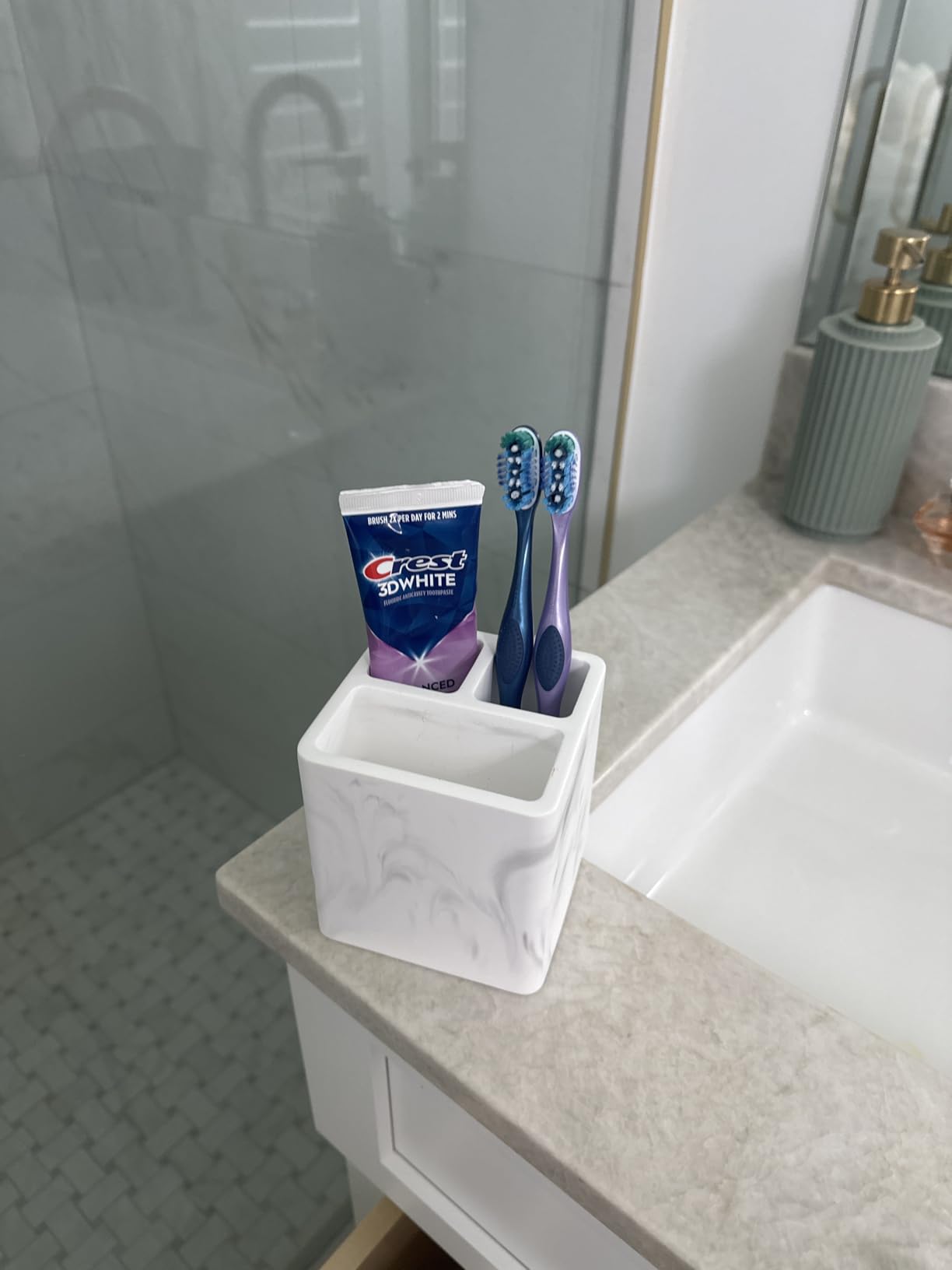 Diatomite Toothbrush Holders Tooth Brush Organizer - Marble White | Water-Absorbent Material, 3 Slots for Electric Toothbrush and Toothpaste, for Bathroom Countertop, Shower, Vanity customer photo 2