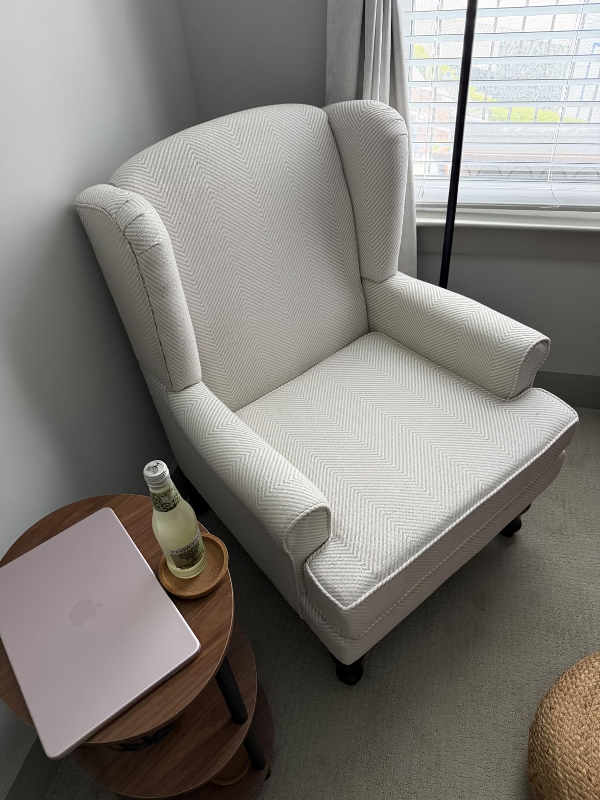 HUIMO Printed Wingback Accent Chair, Linen Upholstered High Back Armchair, Comfy Reading Chair for Living Room Bedroom Study, 300lbs Weight Capacity (1, Tan with Lines) customer photo 2