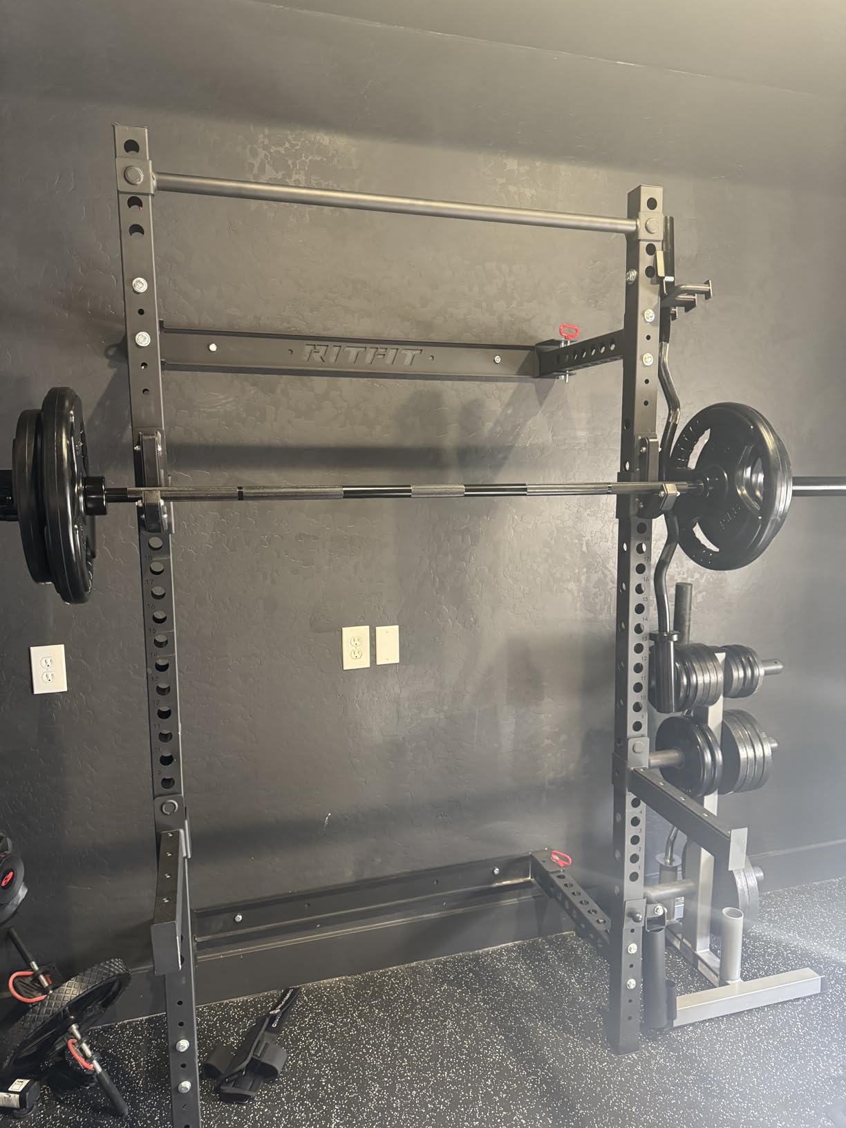 RitFit 2.36'' x 2.36'' Folding Squat Rack for Home Gym, Wall Mounted Squat Rack with Attachments - Space Saving Squat Power Rack customer photo 1
