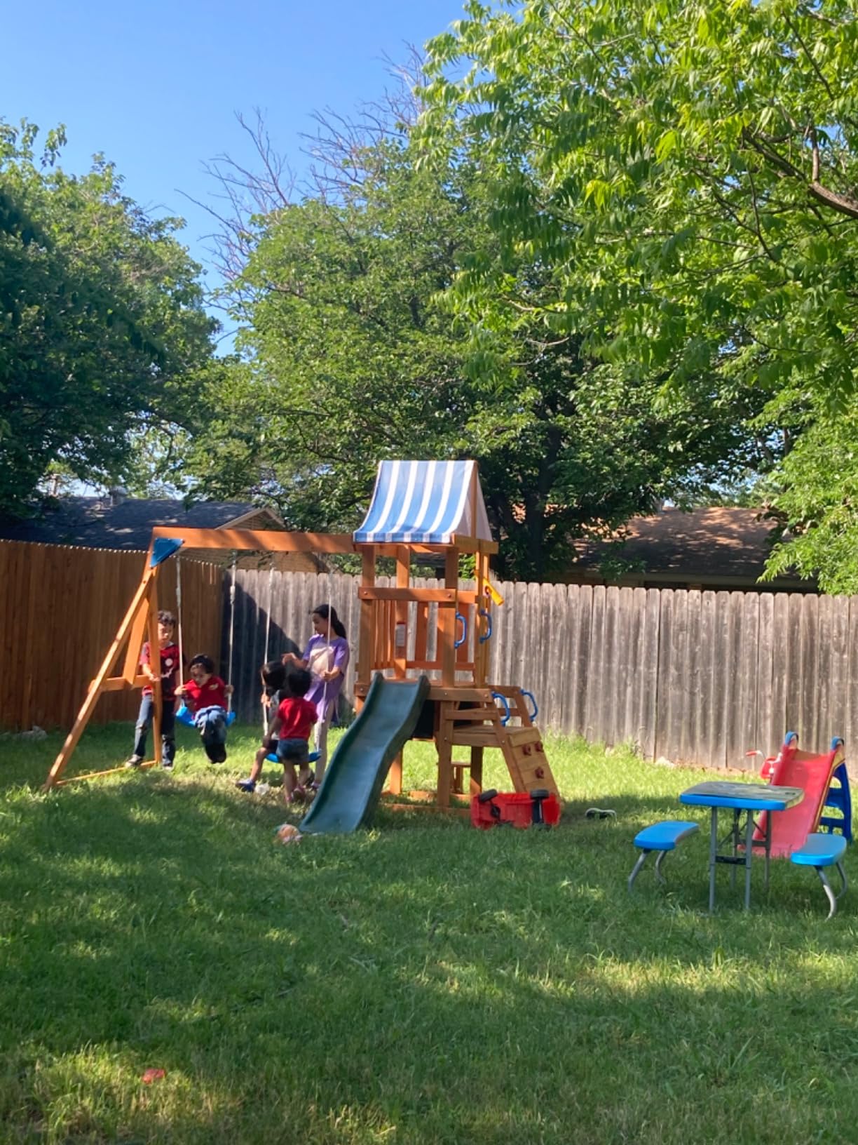 ROBOTIME Wooden Swing Set for Backyard, All-in-One Kids Playset, Ages 3-10 | Outdoor playset with swing slide and climbing rope customer photo 2