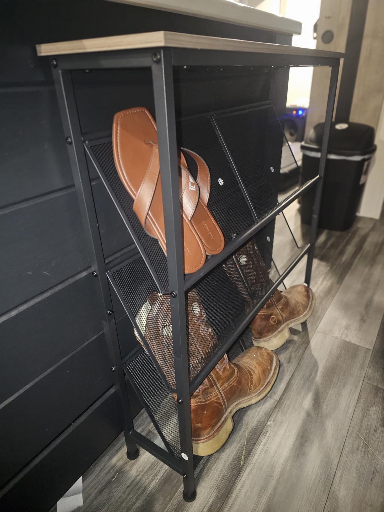 CHOEZON Shoe Rack, 4-Tier Slanted Shoe Storage Shelf, Narrow Shoe Rack for Entryway, Shoe Organizer with Adjustable Feet, Slim Shoe Shelf with Wooden Top and Metal Frame Rustic Brown and Black TXJ75BF customer photo 1
