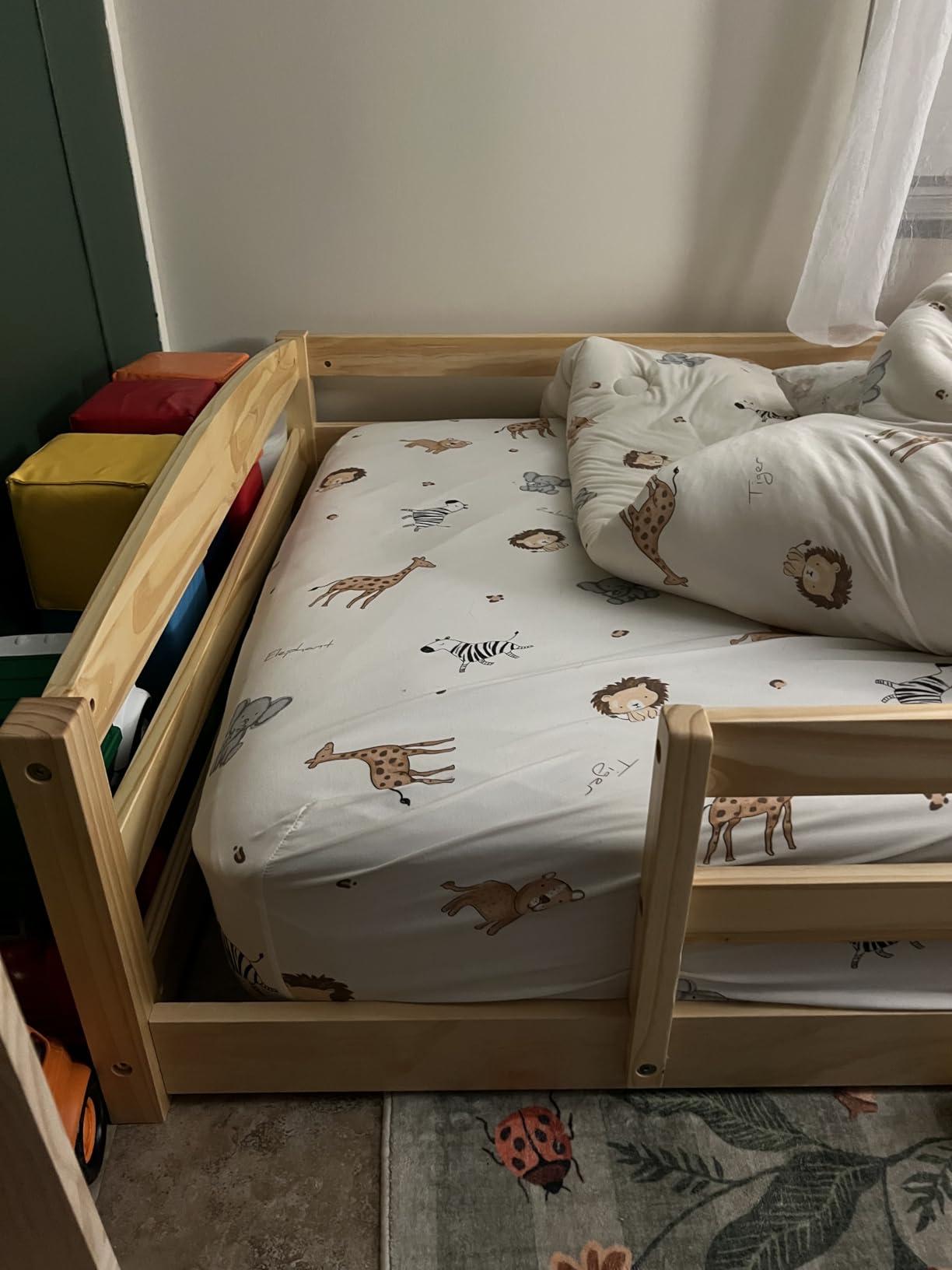 Twin Floor Bed with Safety Guardrails, 2 Openings and 14 supportive slats | Montessori-inspired toddler floor bed with solid pine wood and plywood construction supports 400lbs. Easy to assemble - Gray customer photo 1