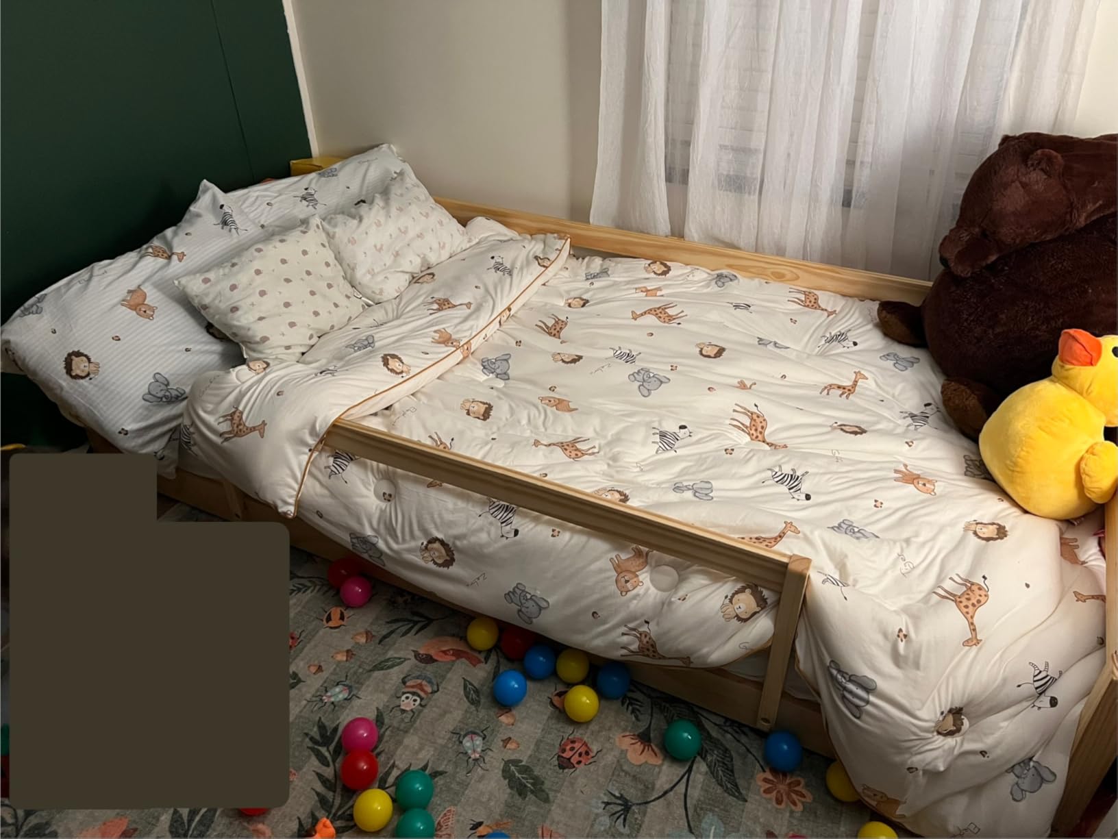 Twin Floor Bed with Safety Guardrails, 2 Openings and 14 supportive slats | Montessori-inspired toddler floor bed with solid pine wood and plywood construction supports 400lbs. Easy to assemble - Gray customer photo 2