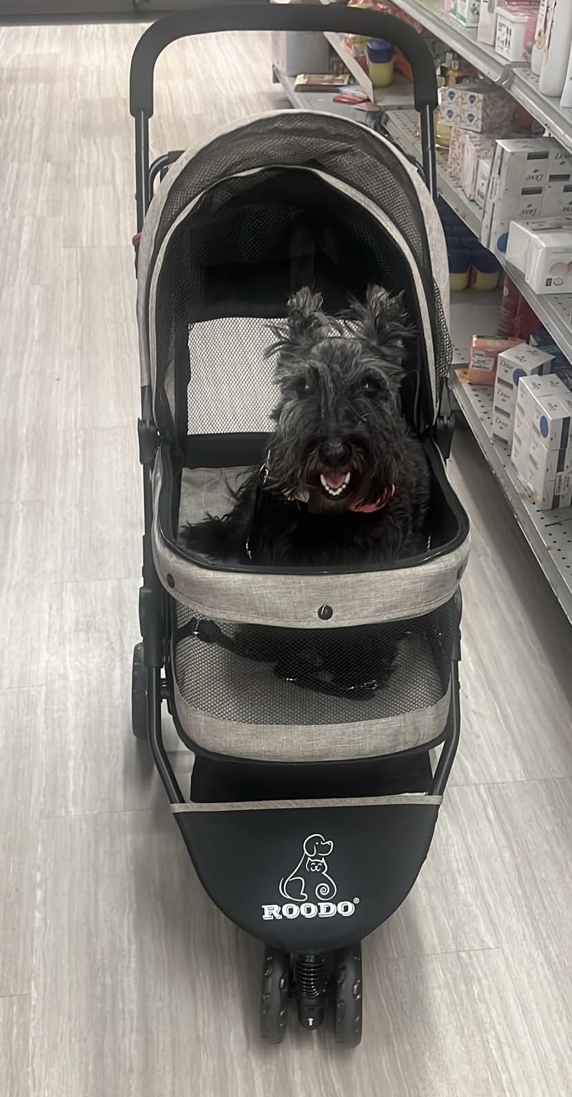 ROODO 3 Wheel Dog Pet Cat Stroller Best Lightweight Foldable Compact Portable Jogger All Terrain Travel Pet Gear Puppy Kitty Stroller for up to 30lbs Medium Small Dogs and Cats(Light Khaki) customer photo 2