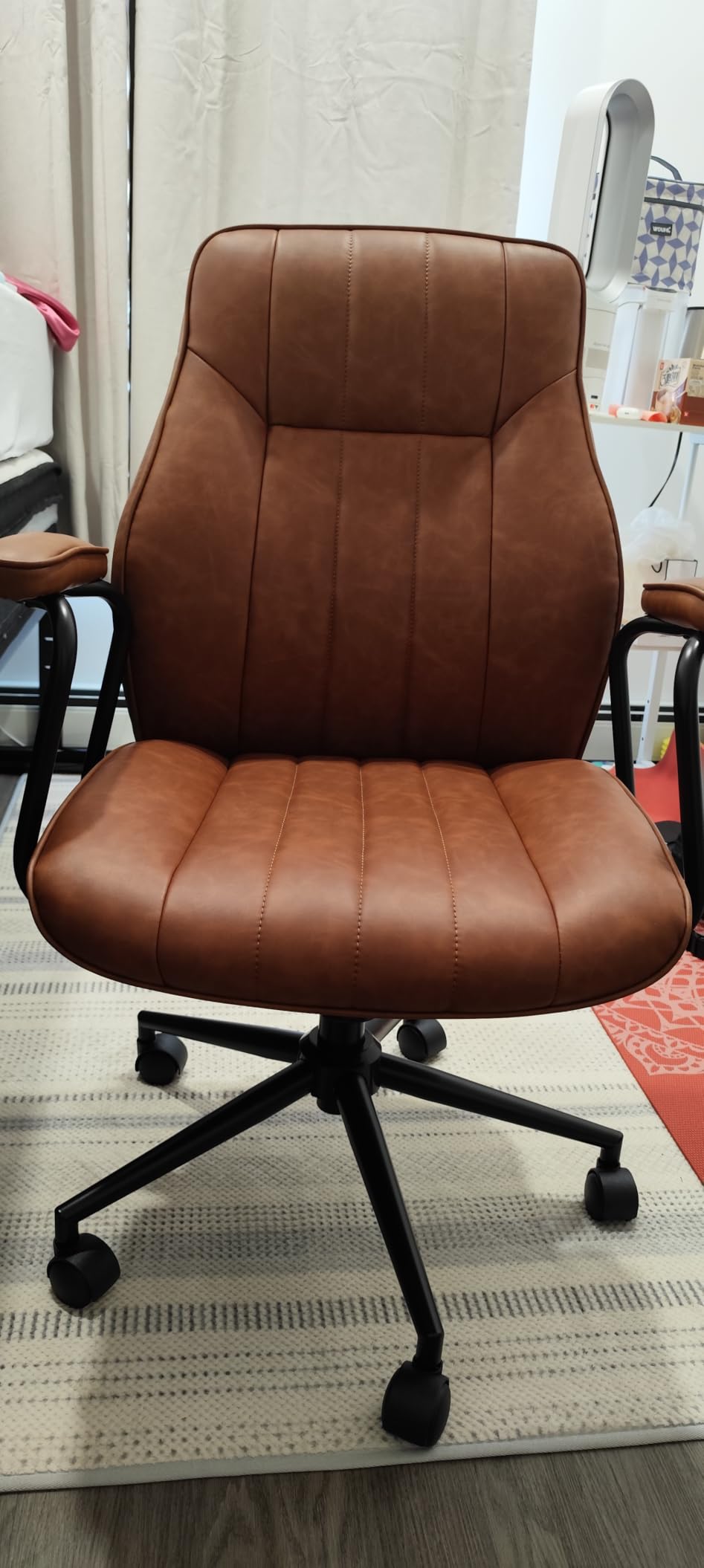 Brown Leather Office Chair, Mid Century Home Office Desk Chair | Ergonomic Curve Design, Removable Padded Arms, Height Adjustable Swivel Seat & Smooth Wheels, Vintage Mid-Back Computer Chair customer photo 1