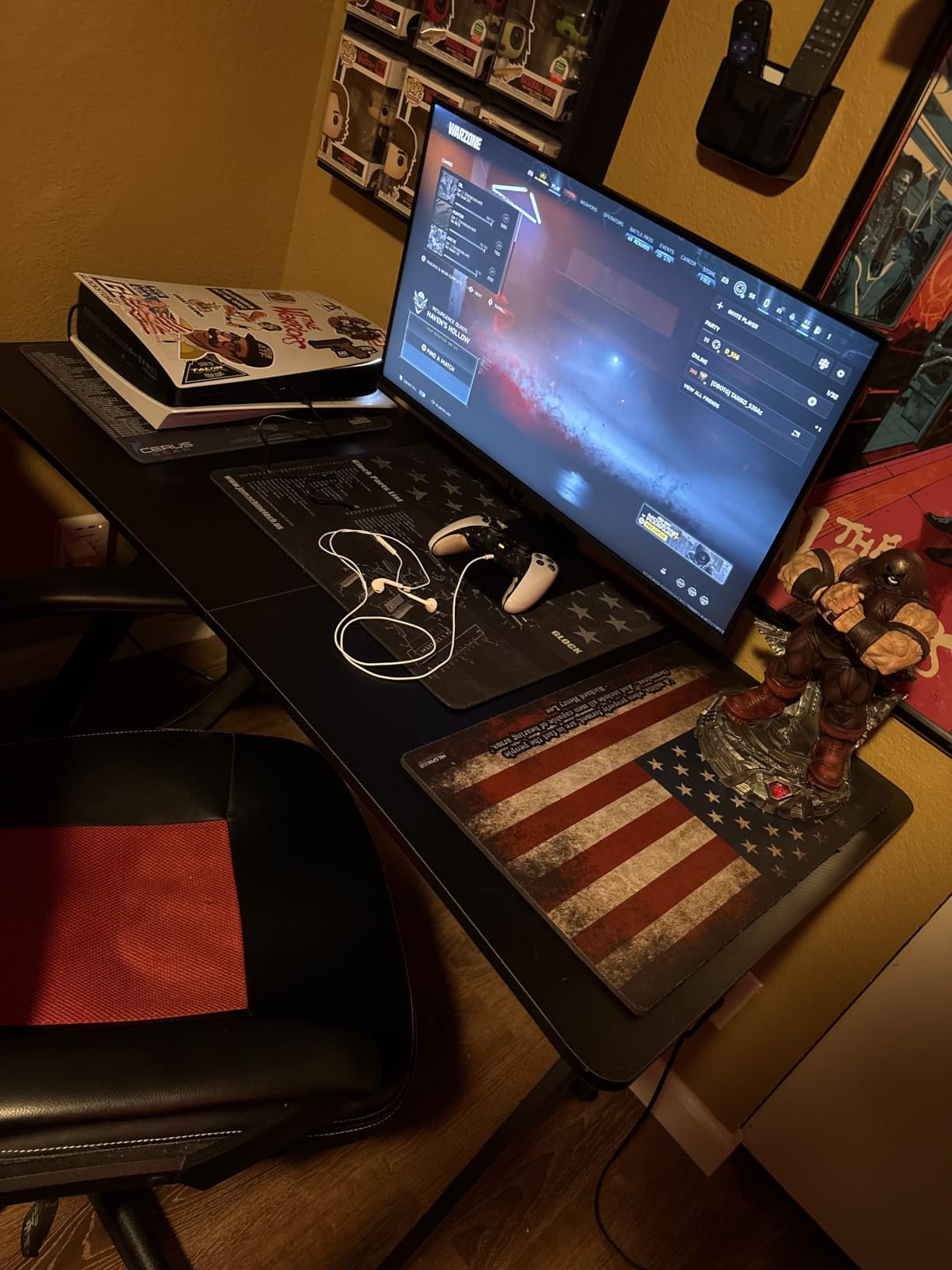 HLDIRECT 32 Inch Small Gaming Desk with Carbon Fiber Surface for Bedroom | A-shaped desk, ergonomic curved edge design, 200 lb weight capacity, dual-frame steel base, for home office & gaming setup customer photo 2
