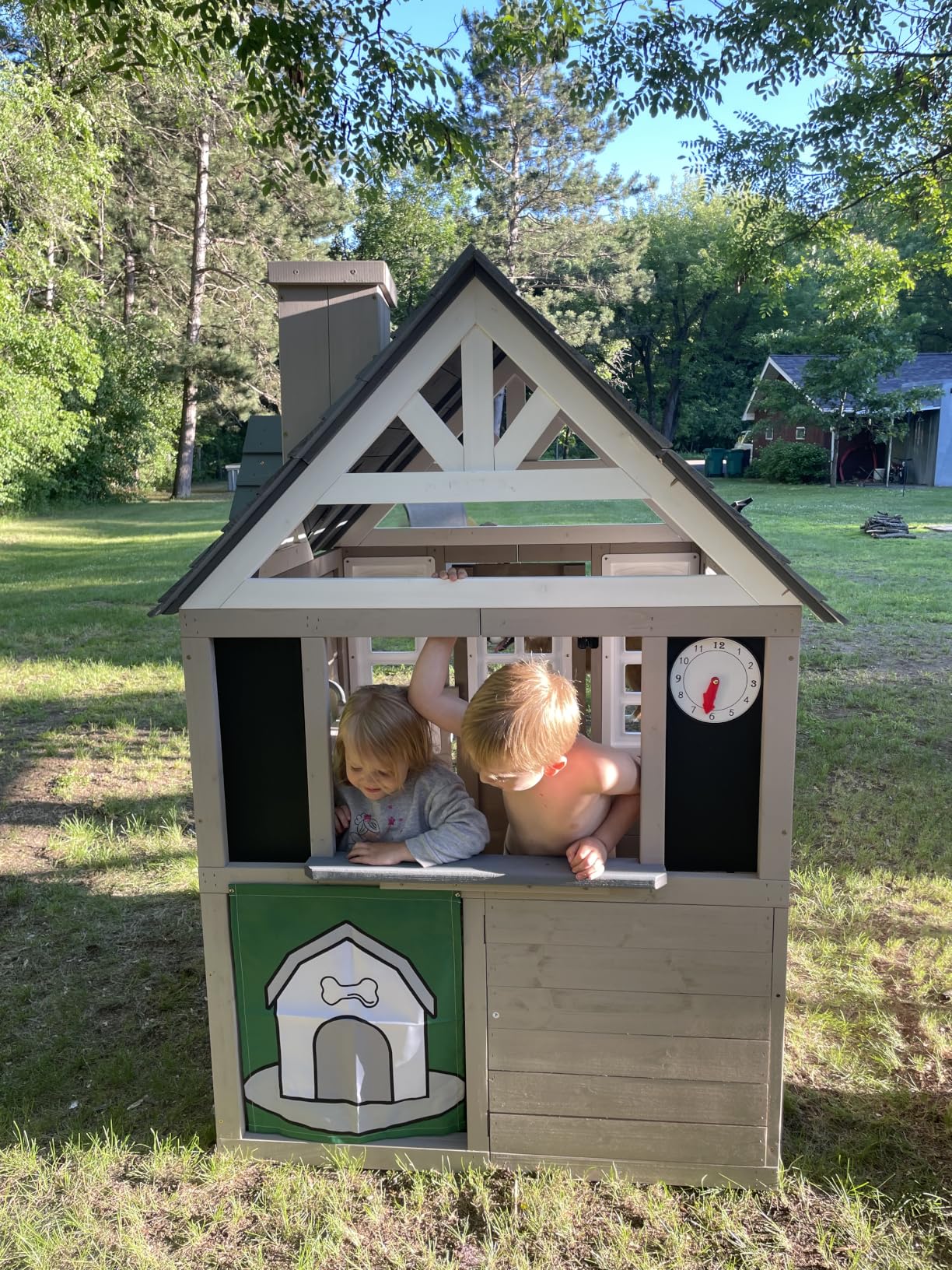 Kids Outdoor Playhouse, Cedar Gray Wooden Play House for Kids Ages 3-8, with Play Kitchen, Interactive Doorbell, Toy Phone, Sink, Flowerpot customer photo 1