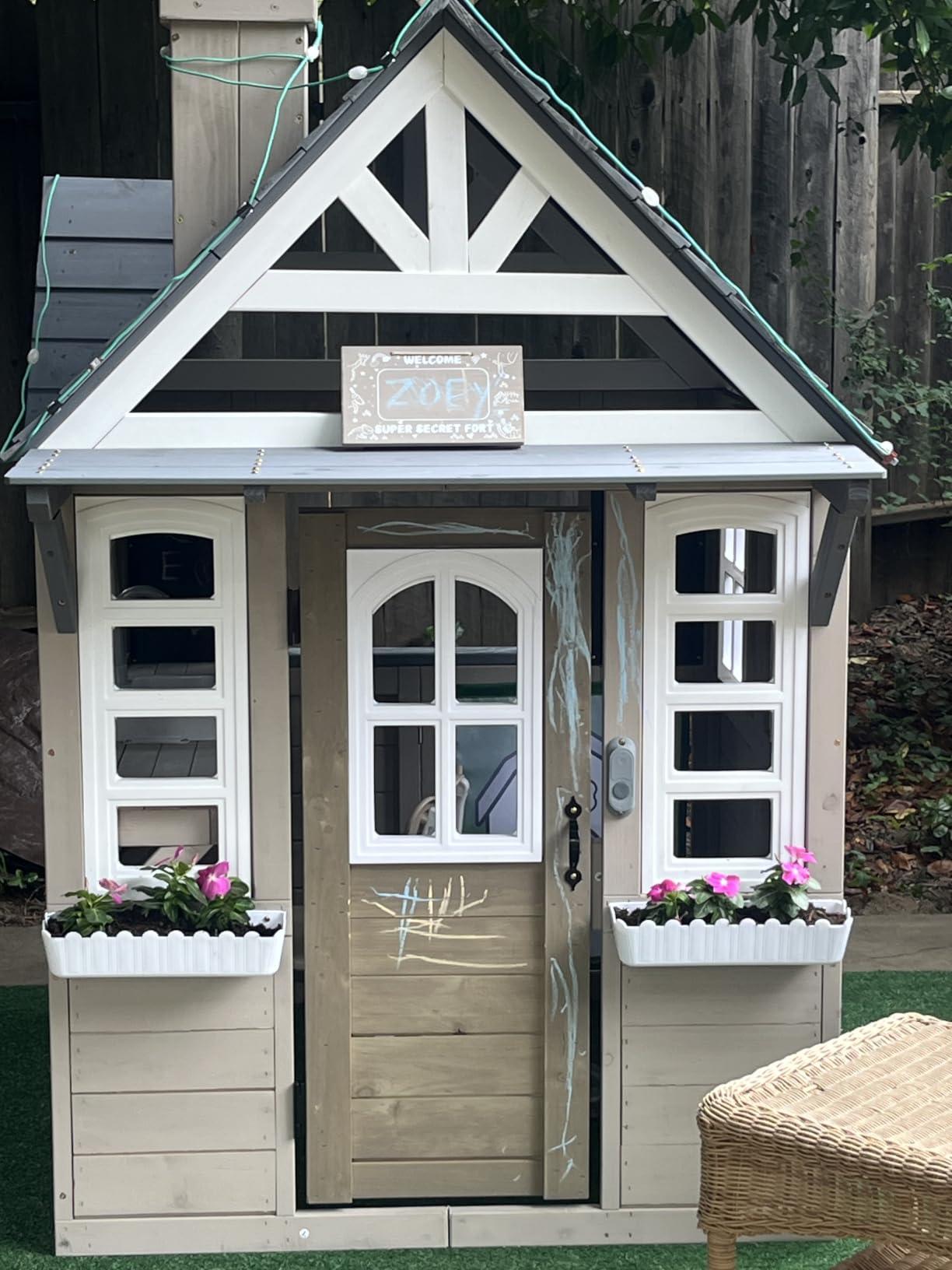 Kids Outdoor Playhouse, Cedar Gray Wooden Play House for Kids Ages 3-8, with Play Kitchen, Interactive Doorbell, Toy Phone, Sink, Flowerpot customer photo 2