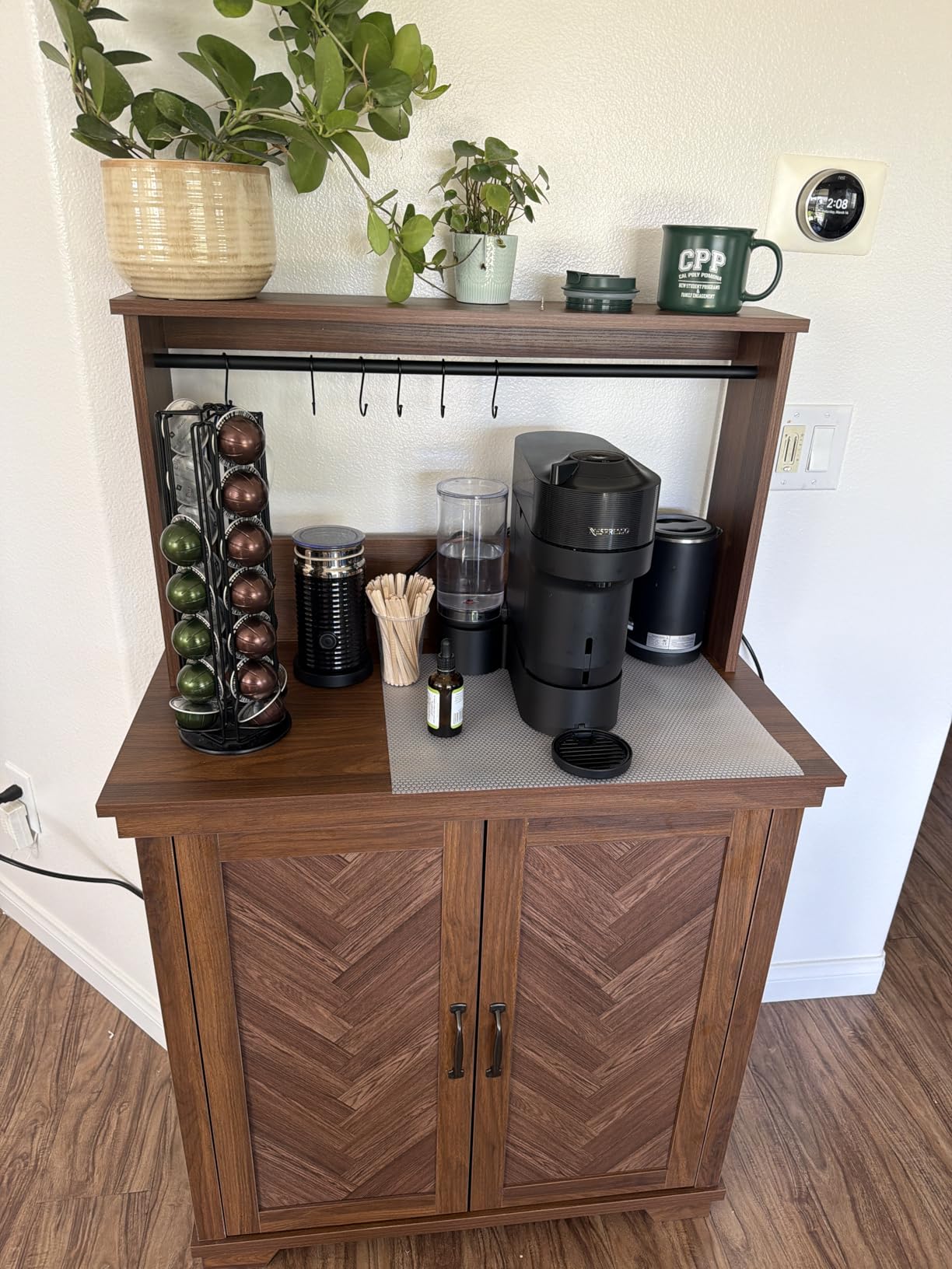JOINICE Coffee Bar Cabinet with Storage and Charging Station, Walnut, Farmhouse, Herringbone Panel, 31.5