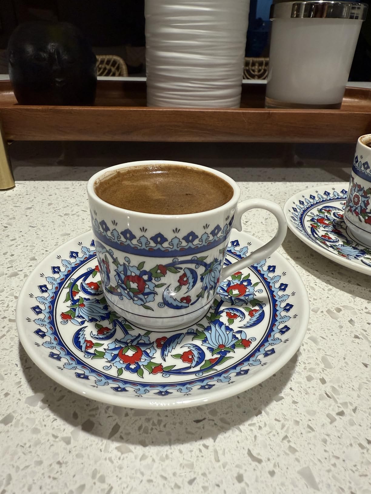 Turkish Coffee Cups Set of 2 with Saucers and Cup Holder, Ceramic Espresso Cups, Perfect for Serving Arabic Coffee - White & Blue Pattern customer photo 1