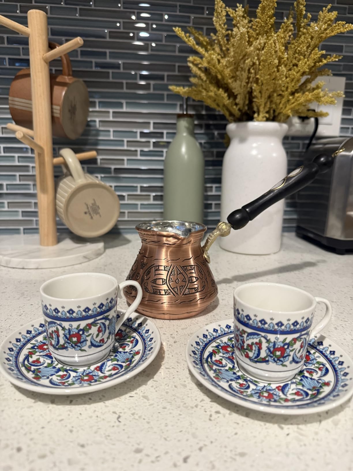 Turkish Coffee Cups Set of 2 with Saucers and Cup Holder, Ceramic Espresso Cups, Perfect for Serving Arabic Coffee - White & Blue Pattern customer photo 2