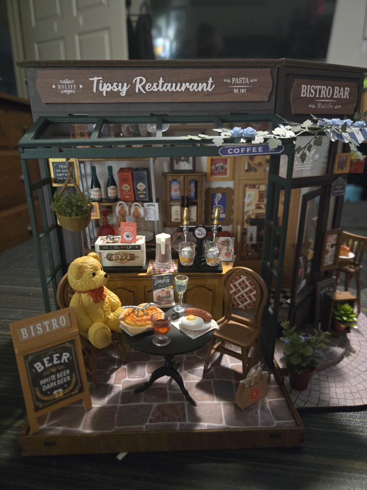 DIY Miniature Coffee Bar Dollhouse Kit Creative Gift for Adults | 1:18 Scale Tipsy Restaurant Tiny House with LED Light, Wooden 3D Puzzle Model Kit, Diorama Craft Set for Home Decor Display customer photo 2