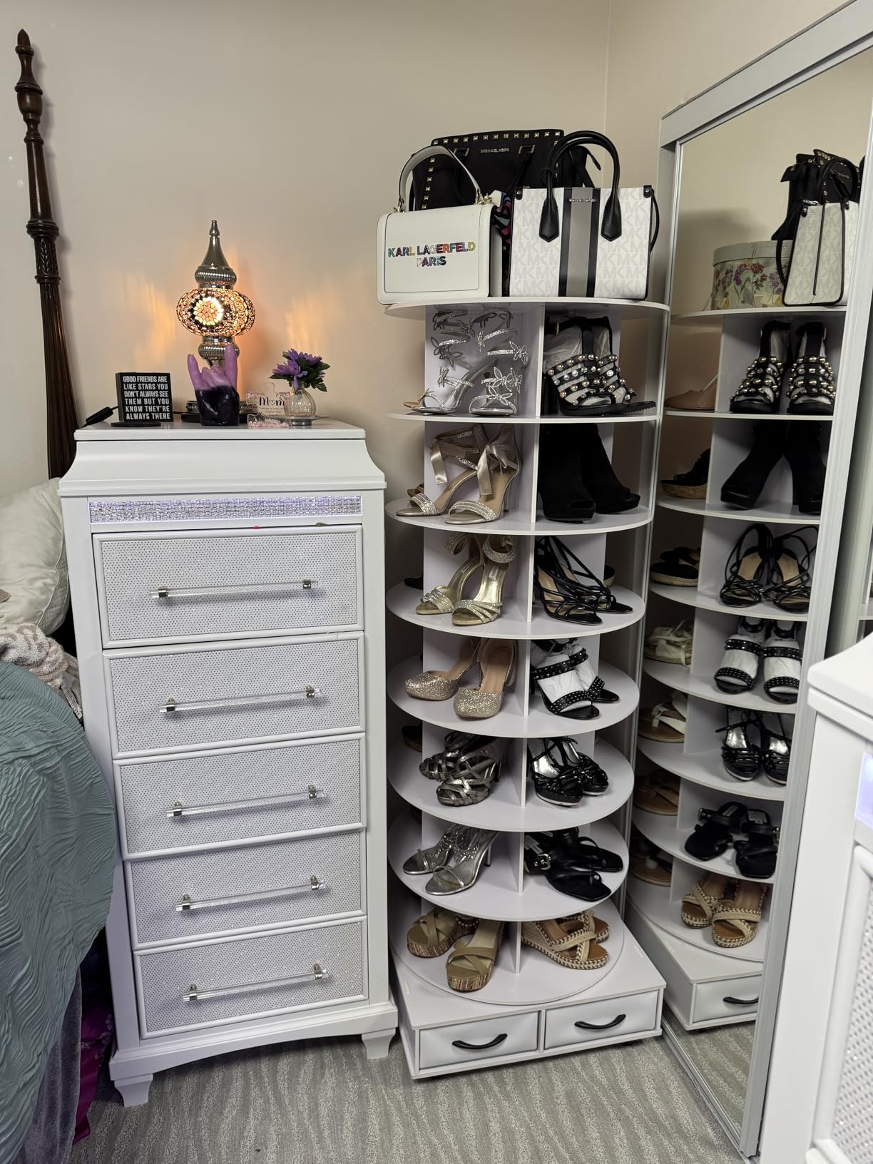 8 Tier Rotating Shoe Rack Tower contains 2 drawers, Spinning Shoe Rack Display Lazy Susan, Revolving 360 Shoe Racks Storage Round Carousel, Equipped with 5 Universal Wheels with Brake Function customer photo 2