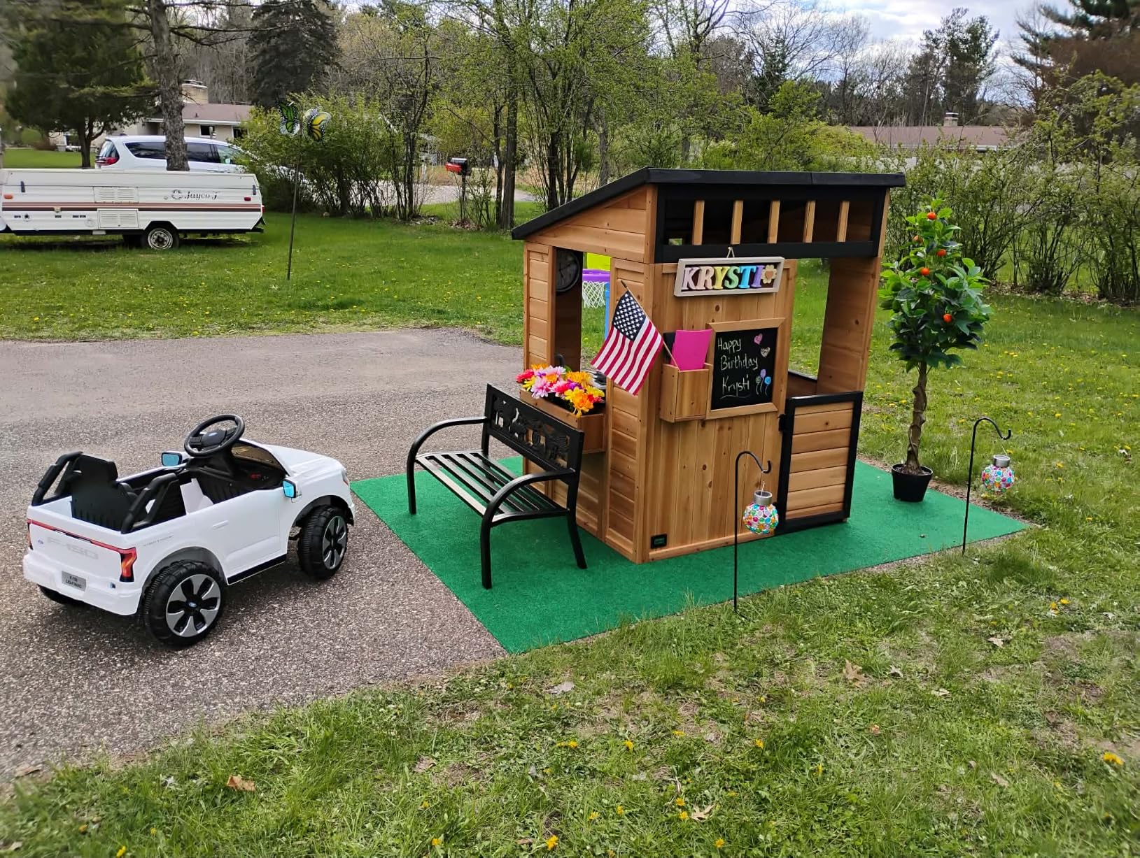 Backyard Discovery Caraway Cottage White Cedar Wooden Kids Playhouse with Play Kitchen, Chalkboard, Mailbox, Half Door, Windows, Flower Box, Modern Farmhouse Design for Outdoor Imaginative Play customer photo 1