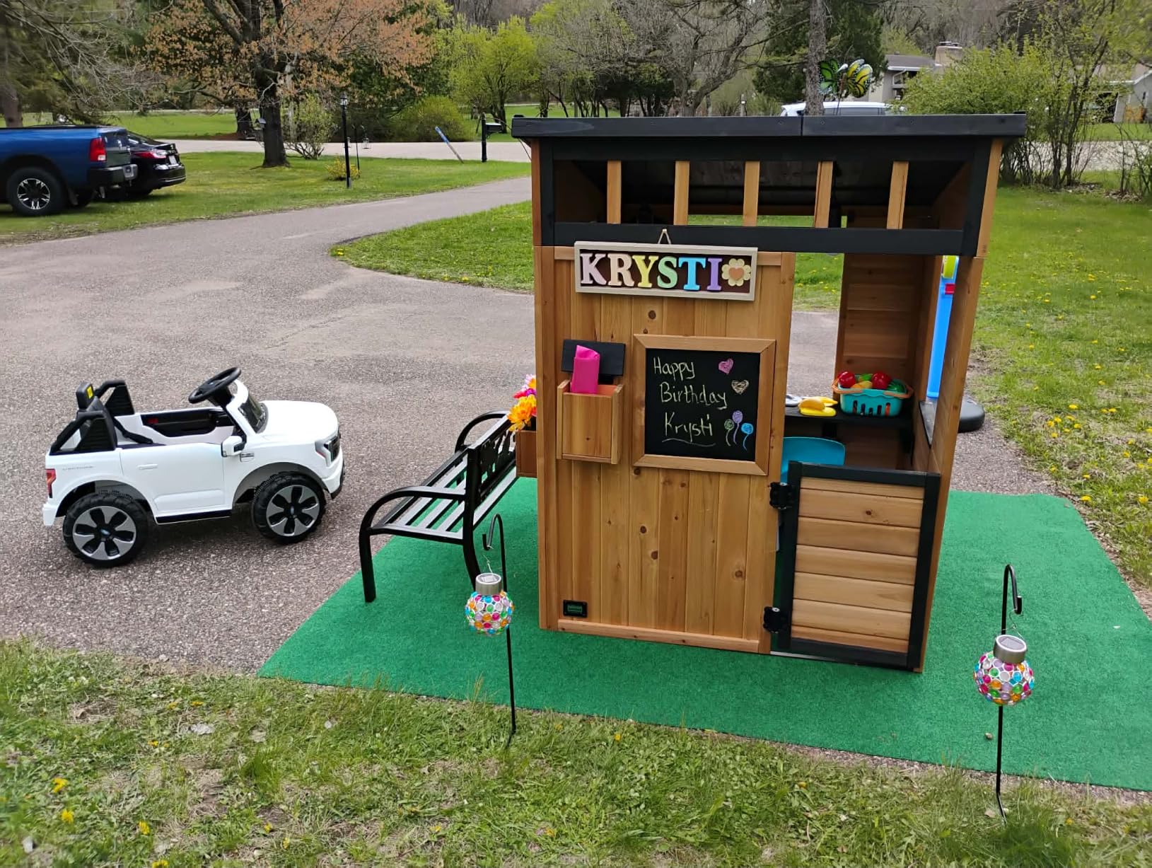Backyard Discovery Caraway Cottage White Cedar Wooden Kids Playhouse with Play Kitchen, Chalkboard, Mailbox, Half Door, Windows, Flower Box, Modern Farmhouse Design for Outdoor Imaginative Play customer photo 2