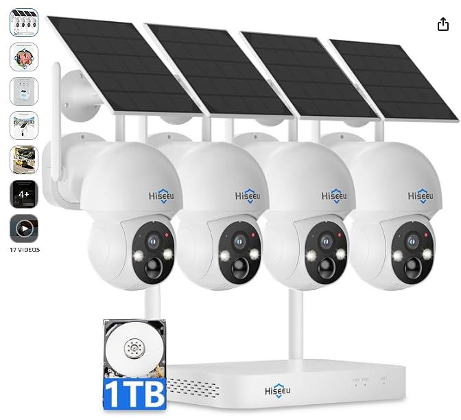 Hiseeu Solar Camera Wireless Outdoor, Home Security Camera System, 500GB HDD | 2.4G & 5G WiFi, Solar-Powered, 4MP, 4 Cam-Kit, Color Night Vision, 360° View, Pan & Tilt, Local Recording, No Subscription customer photo 1