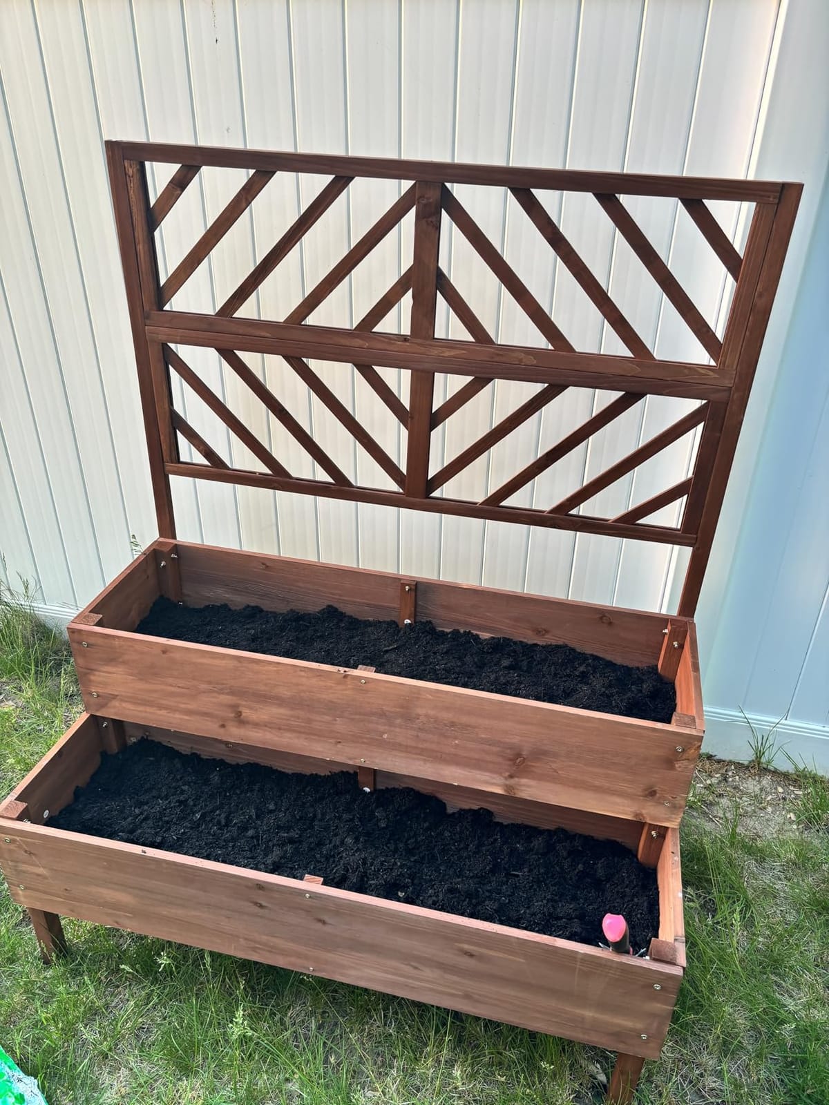 Raised Garden Bed with Trellis & 2 Planter Boxes, 2-Tier Outdoor Wooden Elevated Planter Box with Legs & Drainage Holes, Gardening Planters for Flowers, Herbs, Vegetables & Fruits(Brown) customer photo 1