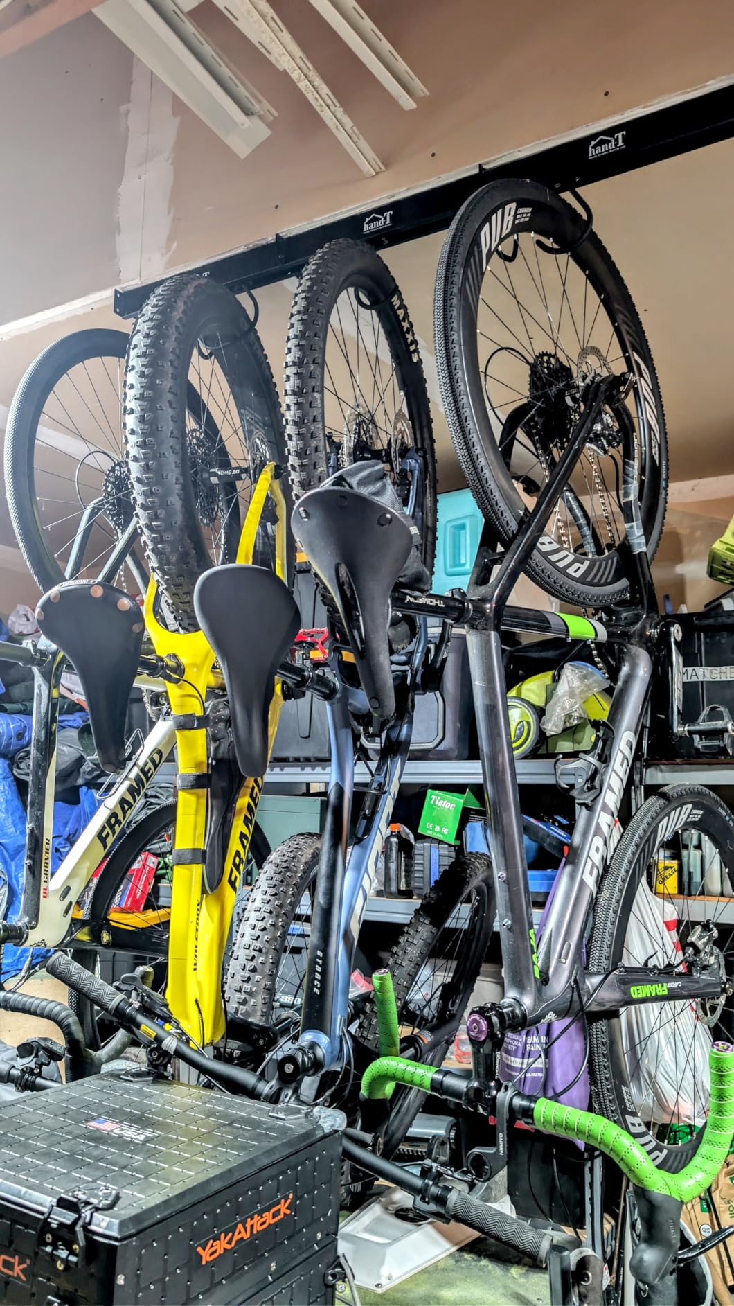 USA Based Ceiling Bike Rack Garage Storage Mount, Bicycle Hanger For Up To 6 Bikes, Sliding 51 inch Heavy Duty Hook Racks With Padded Hanging Mounts, Hooks Hangers (Black, 3 Rails - 6 Hooks) customer photo 2