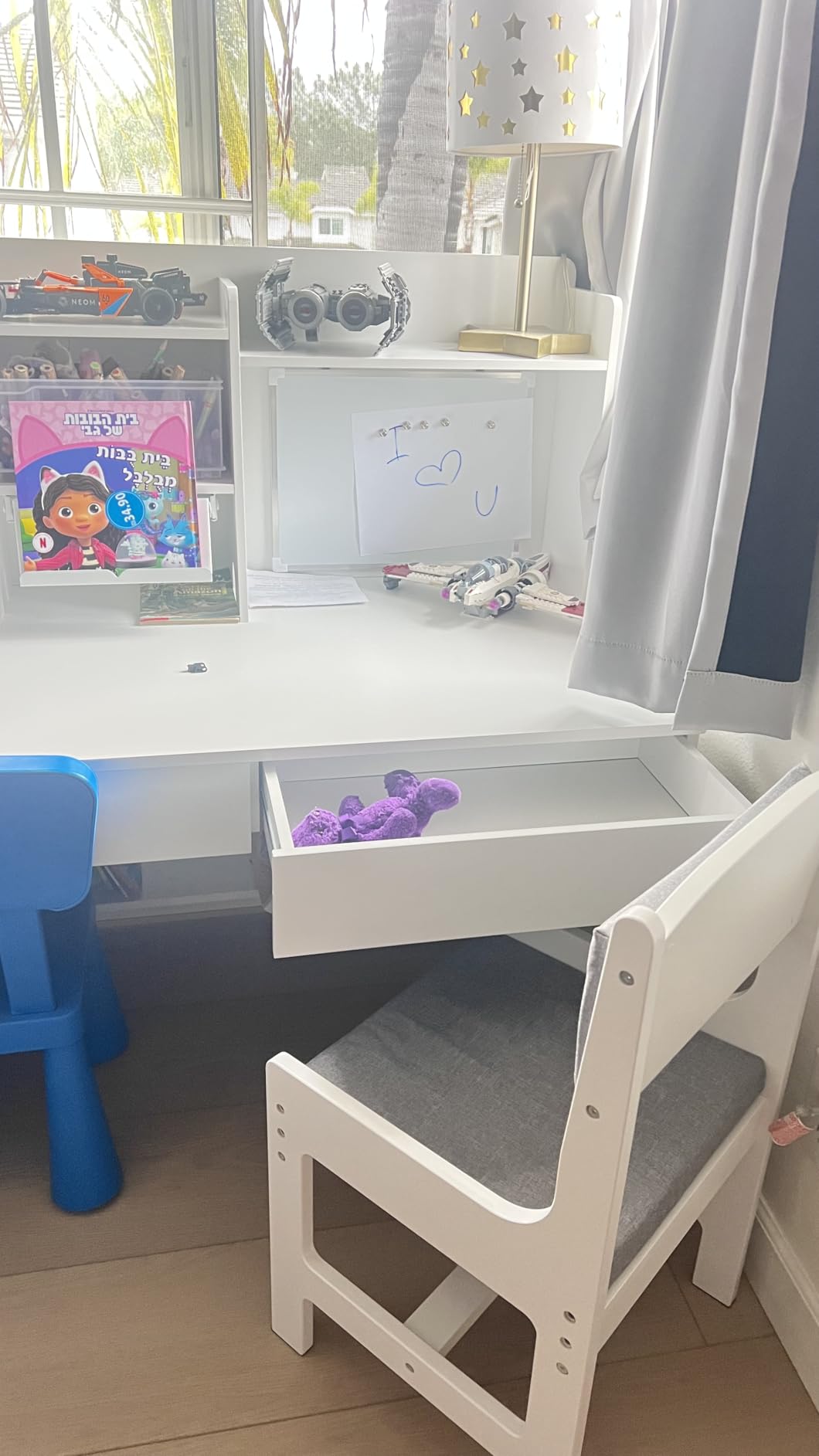 GDLF Kids Desk and Chair Set, Height Adjustable Kids Study Table, Ages 5-12 | Hutch, 2 drawers, book stand, whiteboard, lower shelf and side bag organize books and supplies; padded chair adds comfort customer photo 2
