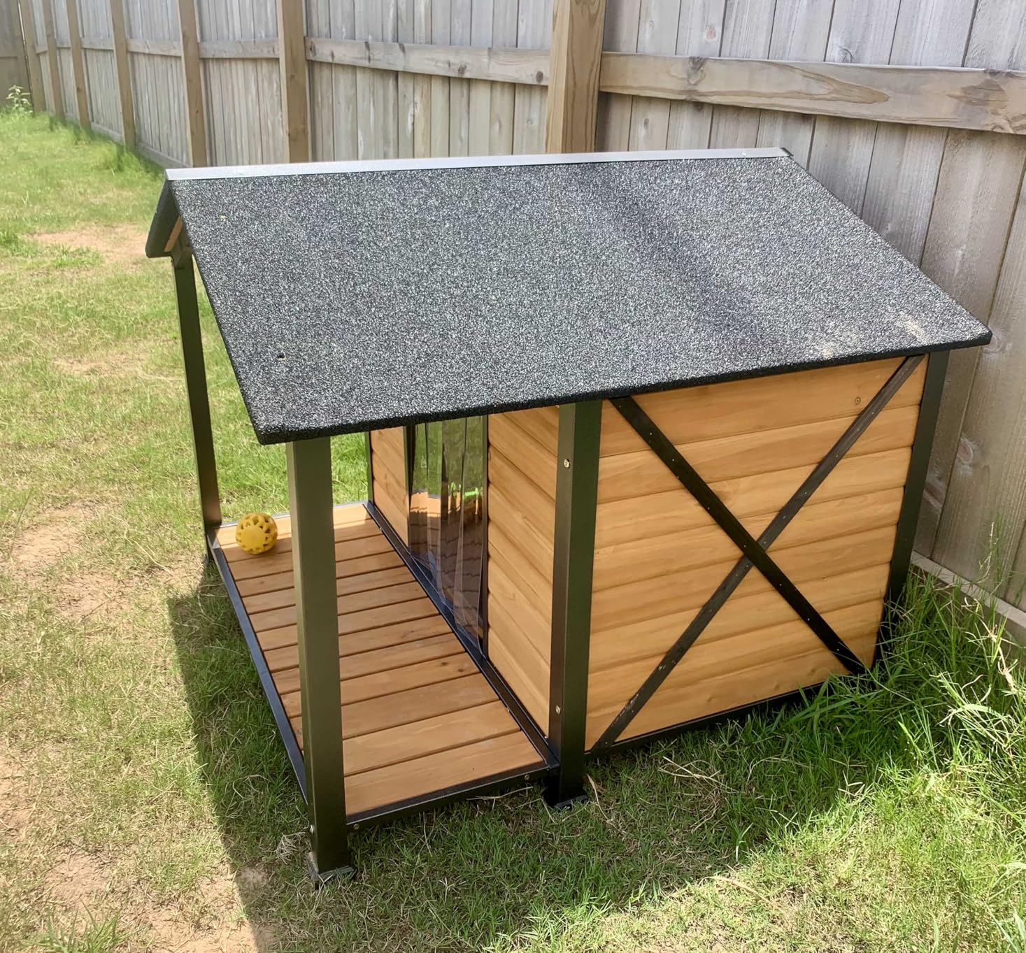 Heated Dog House Outdoor with Insulated Liner, Weatherproof Wooden Dog Shelter for Medium and Large Sized Dogs, Iron Frame Indoor Outdoor Kennel, Pets Warm House in Winter with Large Porch (Brown, M) customer photo 2