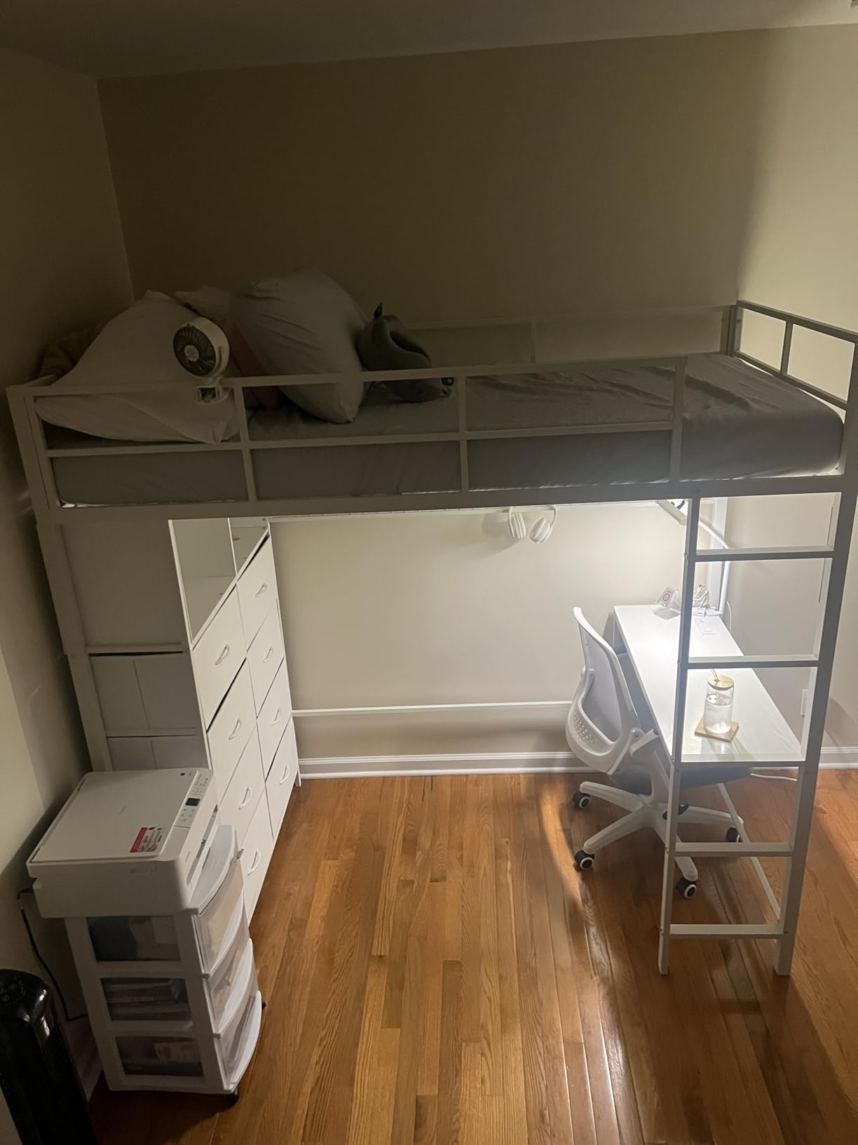 ADORNEVE Twin Loft Bed with Desk, 8 Storage Drawers, LED Lights, White | Metal Kids Loft Bed with Charging Station, Storage Shelves, 13.1