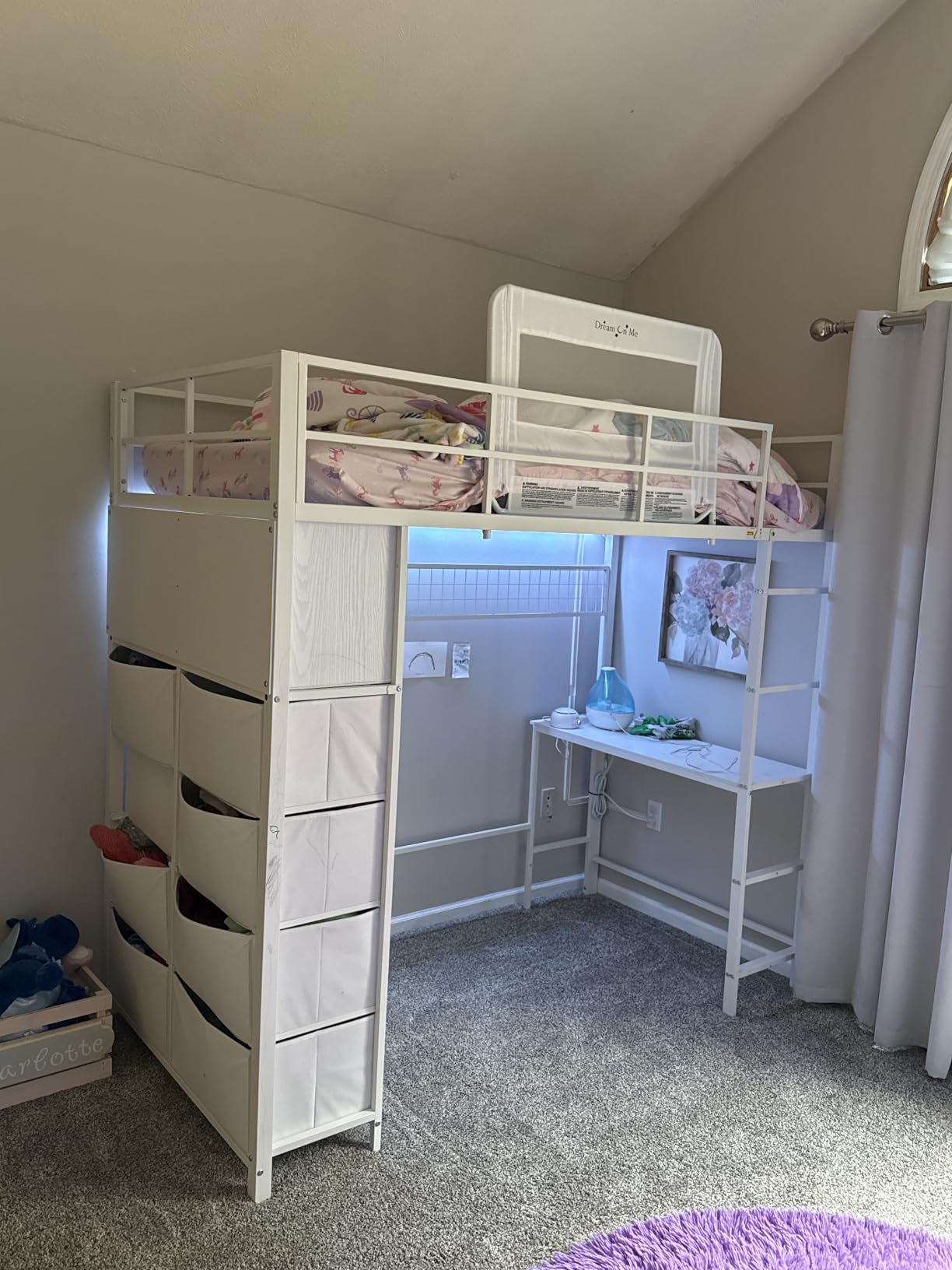 ADORNEVE Twin Loft Bed with Desk, 8 Storage Drawers, LED Lights, White | Metal Kids Loft Bed with Charging Station, Storage Shelves, 13.1