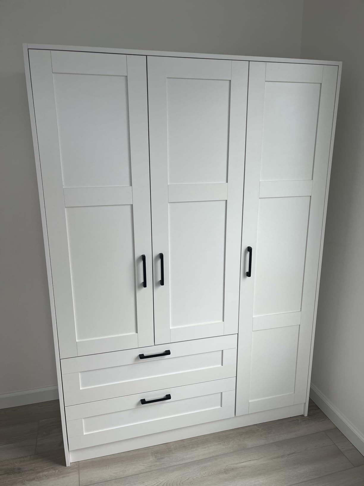 Fenghua Lizhi 3 Doors Wooden Wardrobe Closet Armoire, White Storage Cabinet for Hanging Clothes, Bedroom Large Capacity Freestanding Armoire, Wood Wardrobe Combination with Shelves (2 Drawer, White) customer photo 2