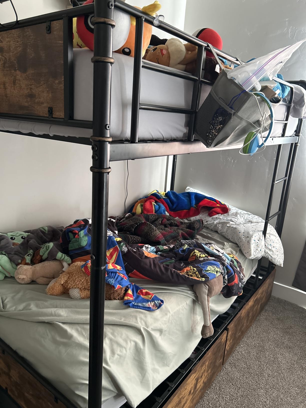 Jocoevol Metal LED Bunk Bed Twin Over Twin with 2 Storage Drawers, USB Charging Station, Industrial Bunkbeds Heavy Duty Bed with Safety Guardrail and Ladder, No Box Spring Needed, Vintage Brown customer photo 1