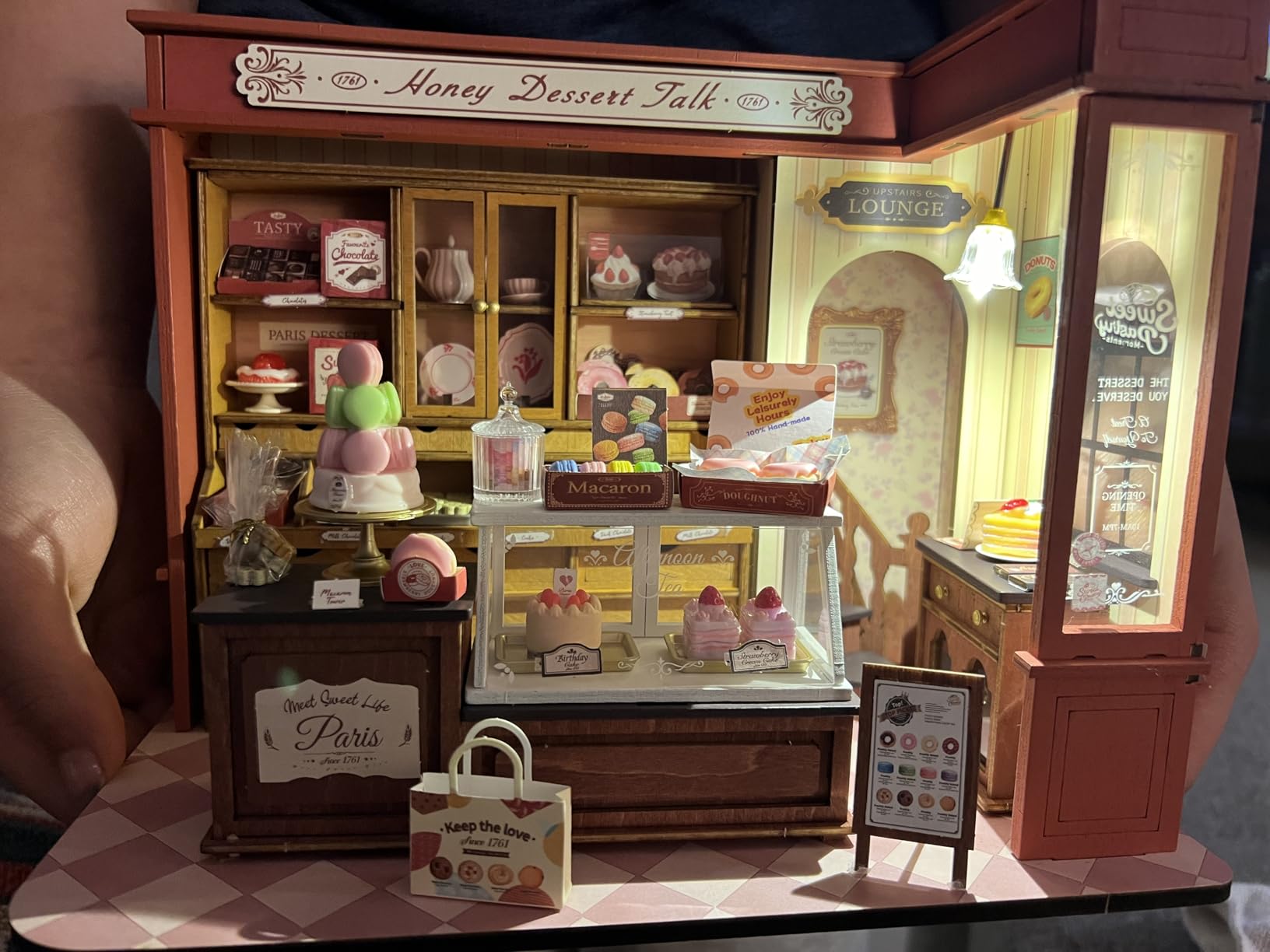 Rolife Dessert Shop DIY Miniature Dollhouse Kit Creative Gift for Adults | 1:18 Scale Vintage French Tiny House with LED Light, Wooden 3D Puzzle Model Kit, Diorama Craft Set for Home Decor Display customer photo 2