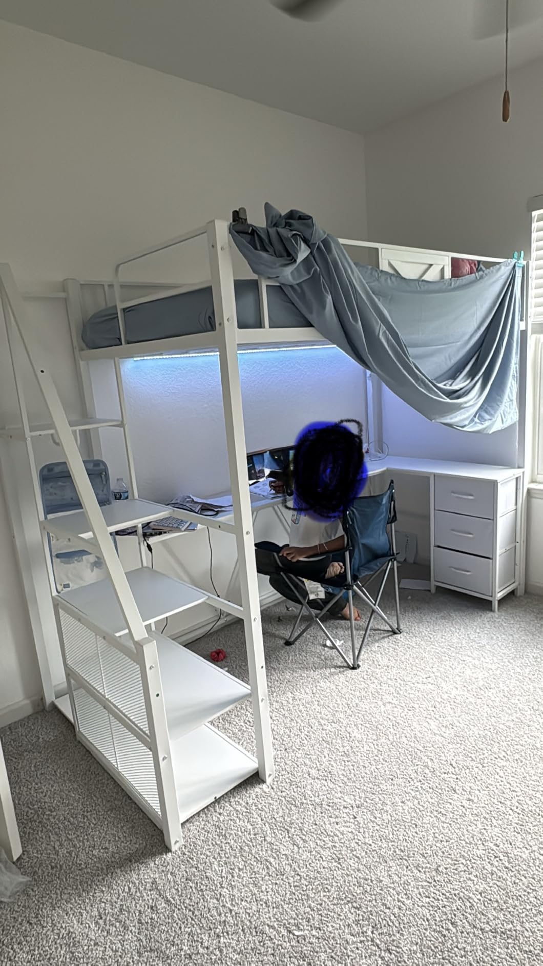 Itaar Stairway Twin Size Loft Bed with L Shaped Desk and Wardrobe, Metal Loft Bed Frame with Storage Stairs, 3 Fabric Drawers, LED Lights & Charging Station (Rustic Brown, Twin) customer photo 1
