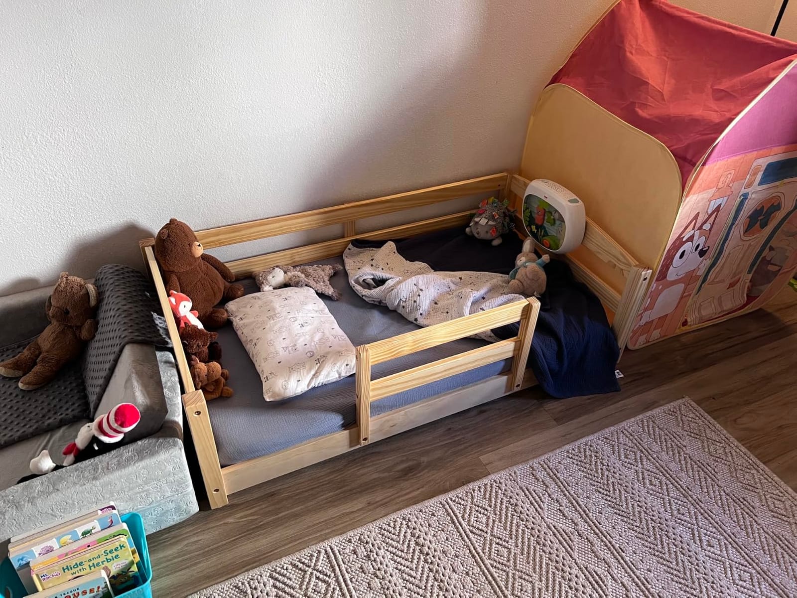 Ocodile Toddler Bed with Rails | Low Montessori Floor Bed Frame for Kids | Standard Crib Size Wooden Frame for Independent Toddlers 1-3 - Gray customer photo 2