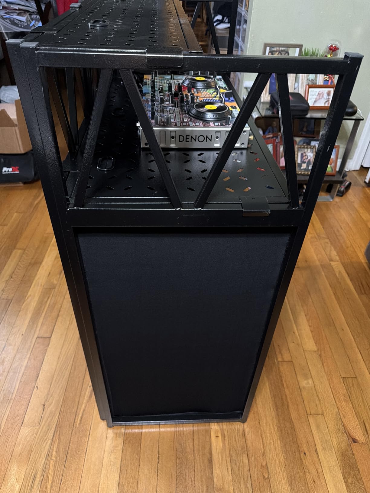 DJ Facade Booth Portable DJ Booth Table, Folding 2-Tier Workstation Table with Cable Management Holes, Adjustable Leveling Feet, Black & White Scrim Panels for Wedding Party Events(Upgrade) customer photo 1