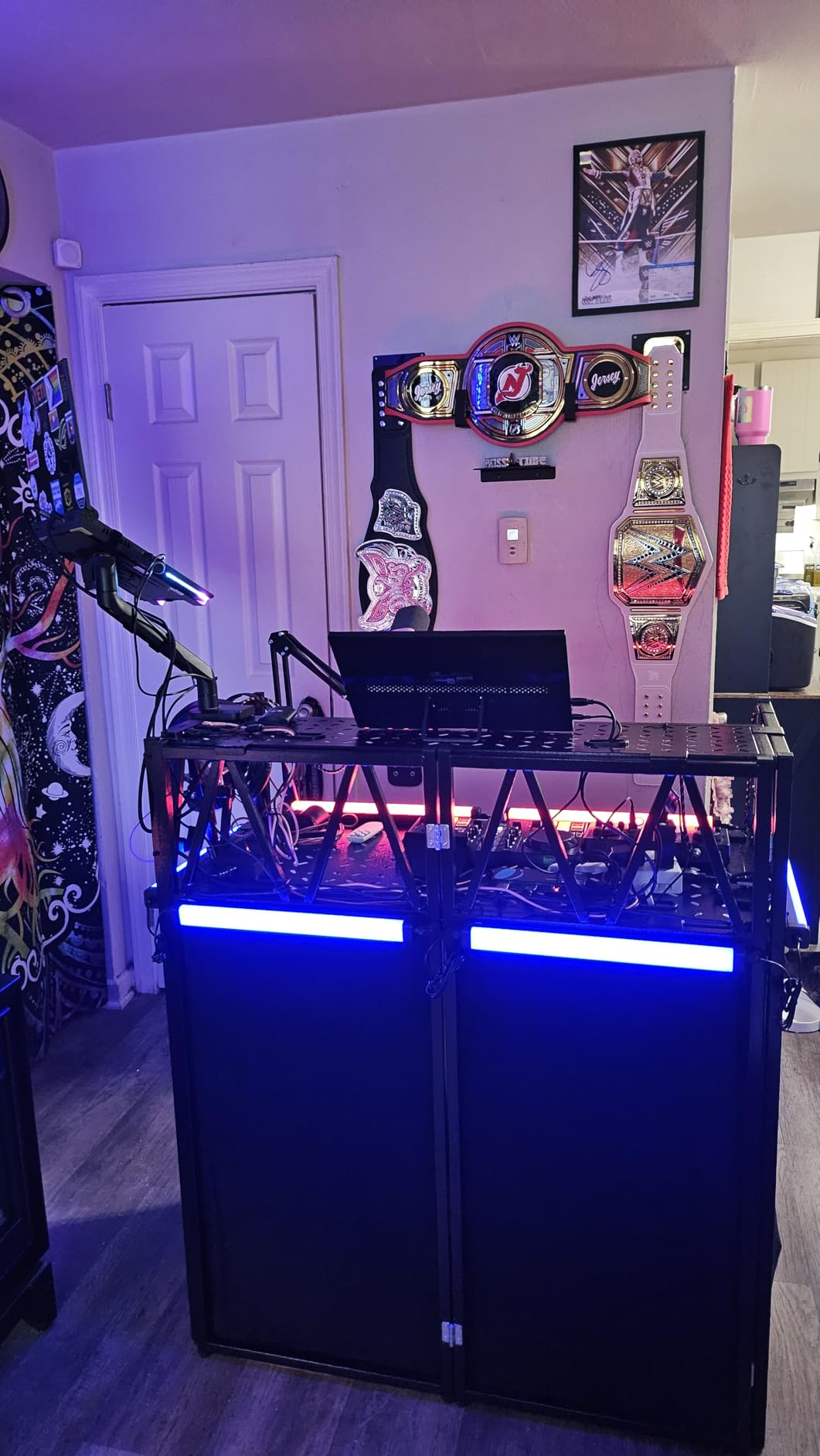 DJ Facade Booth Portable DJ Booth Table, Folding 2-Tier Workstation Table with Cable Management Holes, Adjustable Leveling Feet, Black & White Scrim Panels for Wedding Party Events(Upgrade) customer photo 2