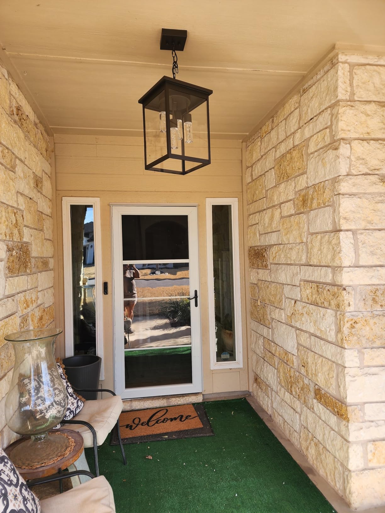 TODOLUZ 5CCT LED Large Outdoor Pendant Light Fixtures, 3-Light LED Integrated Bulbs Included Modern Outdoor Hanging Lighting Ceiling, Clear Glasss Outside Chandelier for Porch Gazebo Entryway customer photo 1