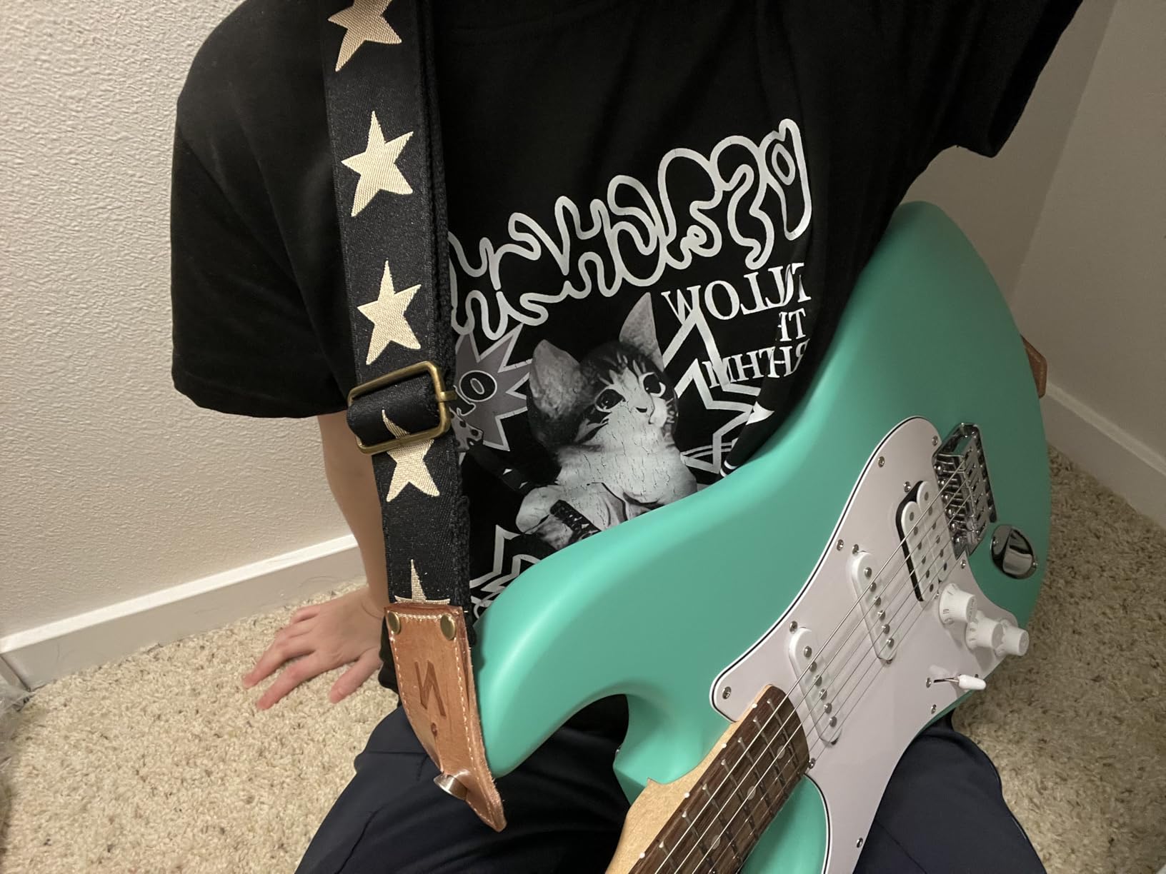 Squier Debut Stratocaster HSS Beginner Electric Guitar, Sea Foam | Starter electric guitar, HSS pickups, satin urethane finish, free lessons included, 2-year warranty, kids and adults customer photo 2