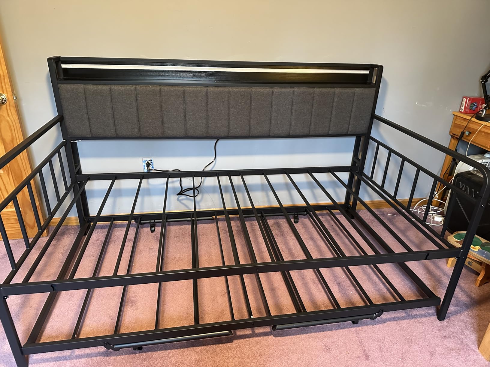 Daybed with Trundle and LED Light, Heavy Duty Metal Twin Bed Frame with Upholstered Storage Headboard & Charging Station, Day Bed Pop Up Trundle Bed Twin for Living Room,Bedroom and Guest Room, Black customer photo 2