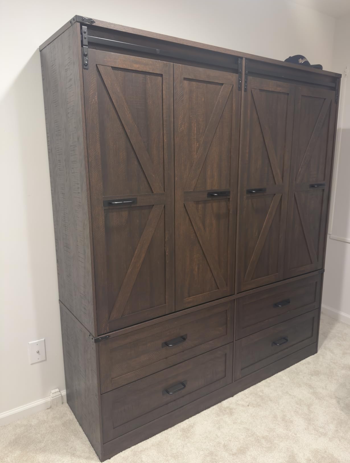 Farmhouse 4 Doors Armoire Wardrobe Closet w/Folding Sliding Barn Door and Lights, LED Armoire Closet w/Drawers for Bedroom, Freestanding Wooden Wardrobe Storage Closets w/Hanging Rod, Rustic Brown customer photo 1